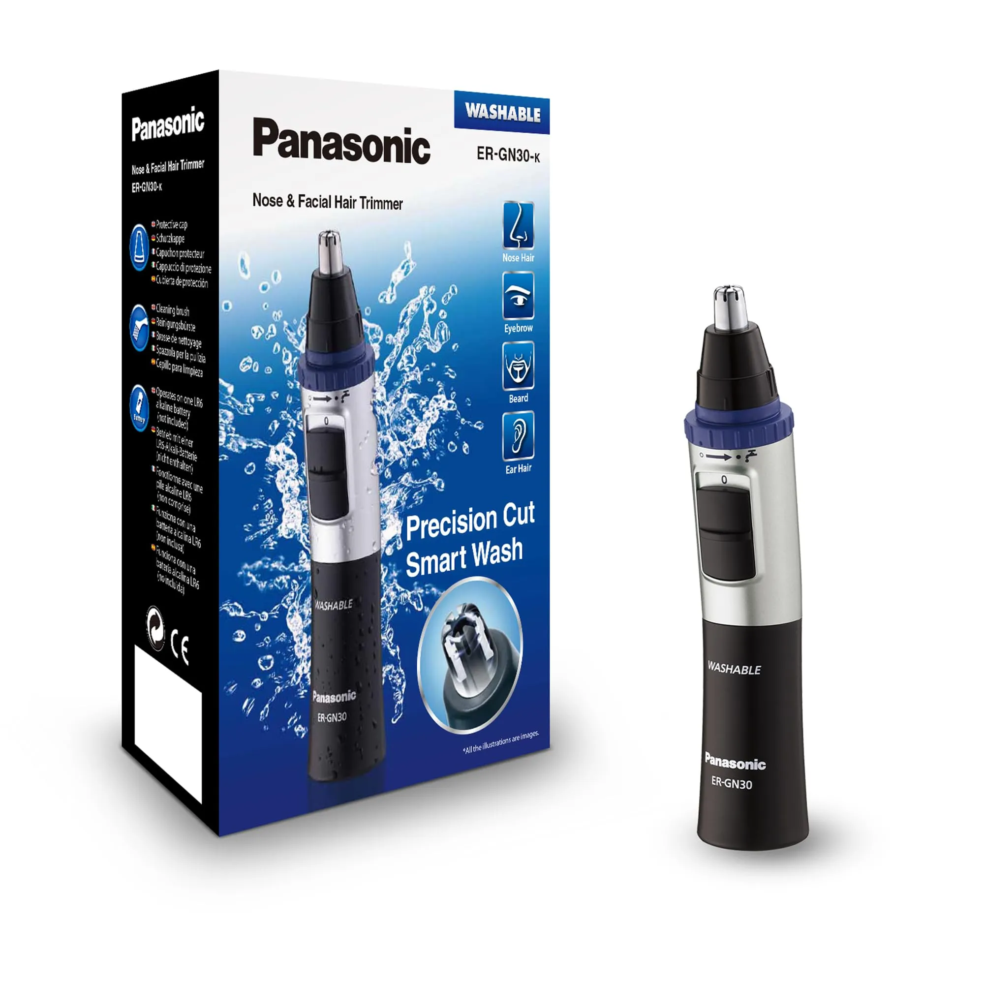 Panasonic ER-GN30-K503 Rifinitore di Precisione per Naso, Orecchie e Sopracciglia, Tagliapeli Resistente all'Acqua, Nero