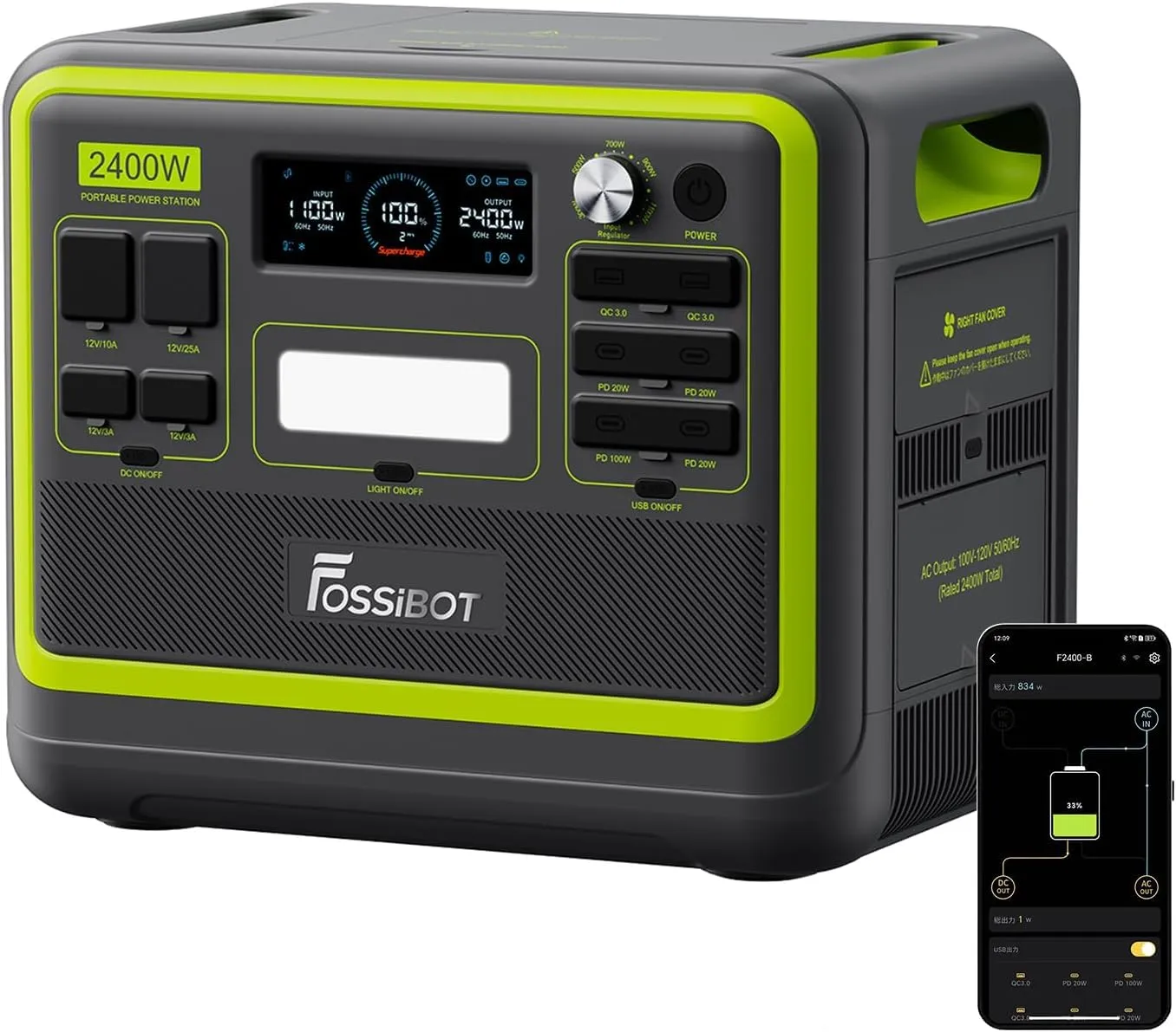 FOSSiBOT Centrale elettrica portatile F2400, 2048Wh batteria LFP, uscita fino a 2400W, batteria LFP, ricarica rapida, generatore solare per alimentazione domestica di emergenza, campeggio e camper