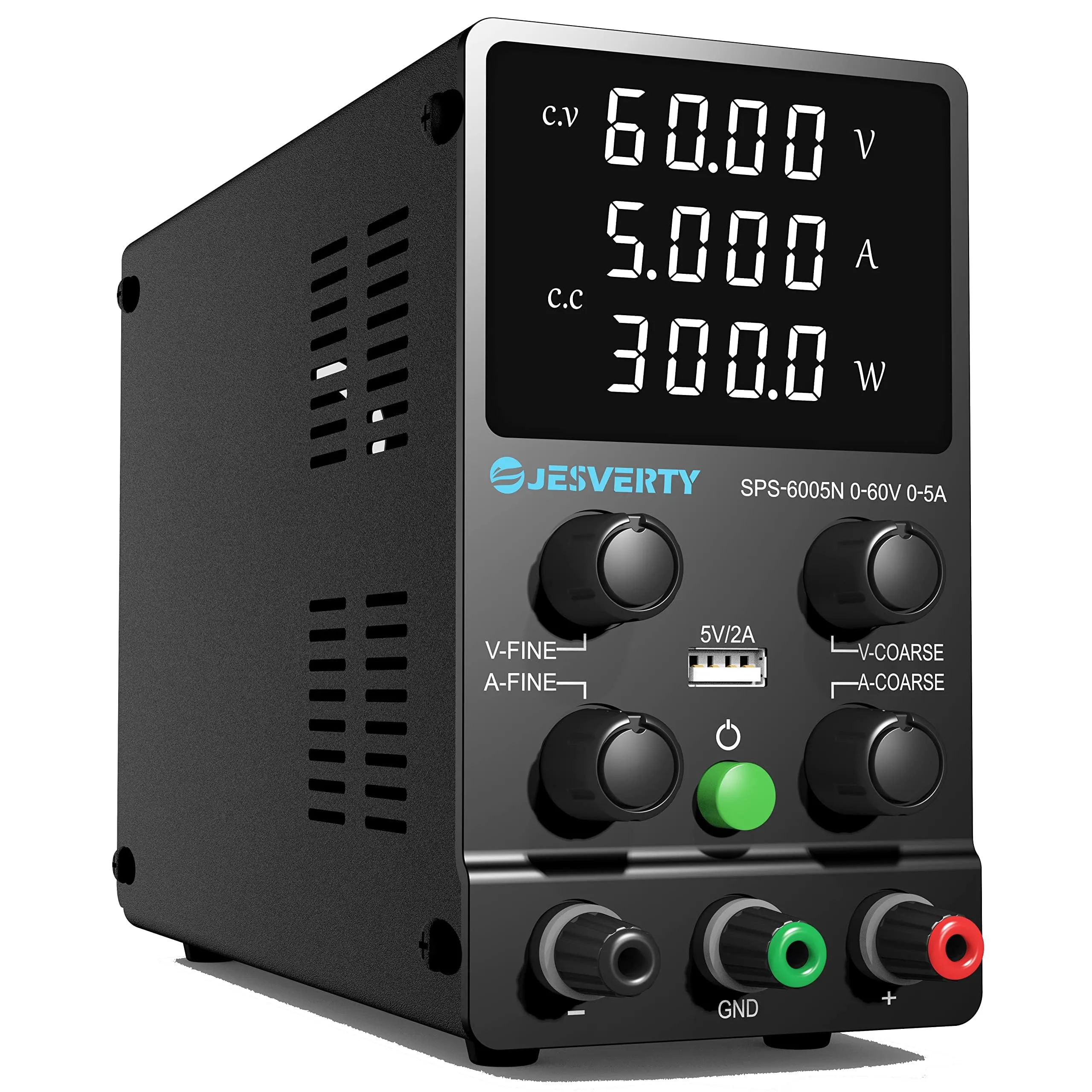Alimentatore da laboratorio (0-60V, 0-5A) alimentatore DC regolabile, display LED a 4 cifre, con porta di ricarica USB, alimentatore switching, regolazioni grossolane e fini Jesverty SPS-6005N