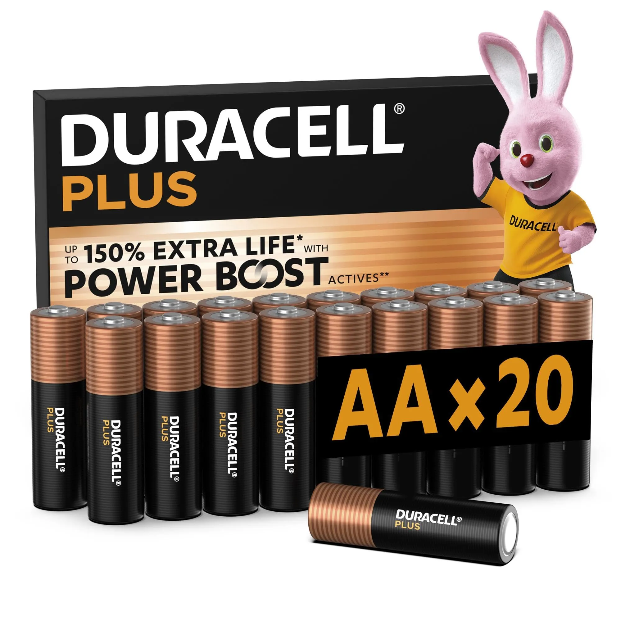 DURACELL Batterie Plus AA (Confezione da 20) – Batterie Alcaline da 1,5 V – Fino al 150% di durata extra con Attivi POWER BOOST– L'imballaggio può variare–MN1500