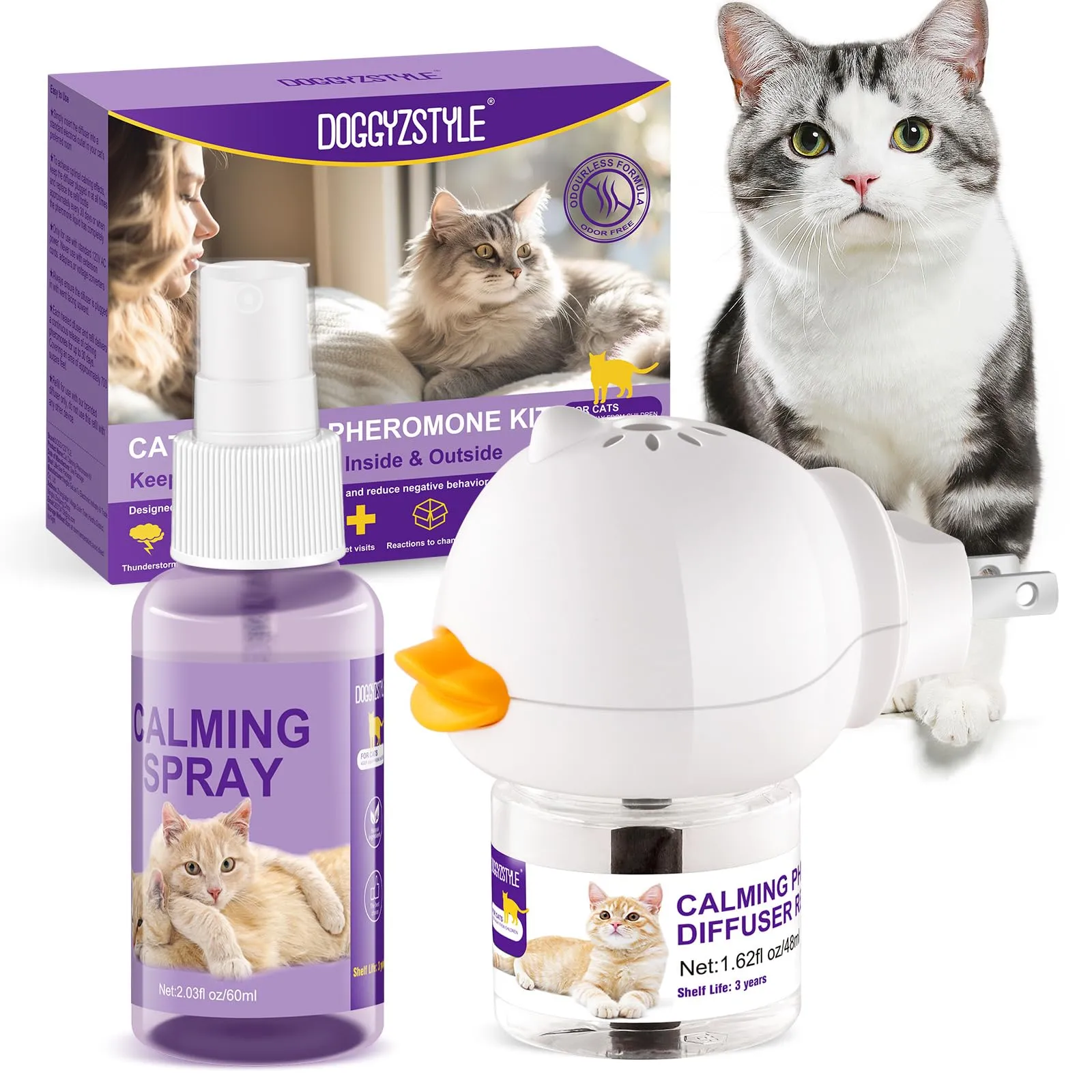 Cat Calming Pheromone Diffuser and Spray,Set di diffusori per gatti con feromoni per gatti,spray calmante per gatti,allevia lo stress da ansia,riduce i litigi e i graffi,adatto a tutti i gatti