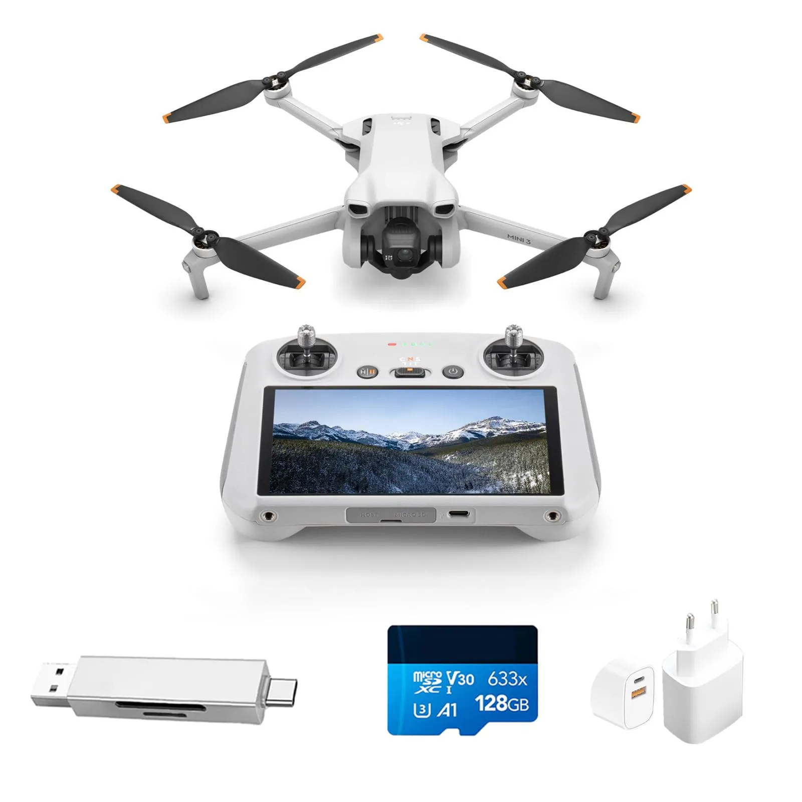 DJI Mini 3 (con DJI RC) Bundle– Mini Drone con Fotocamera Leggero e Pieghevole con Video in 4K HDR, Autonomia di 38 Minuti, C0 (Lettore di schede + scheda di memoria + spina)