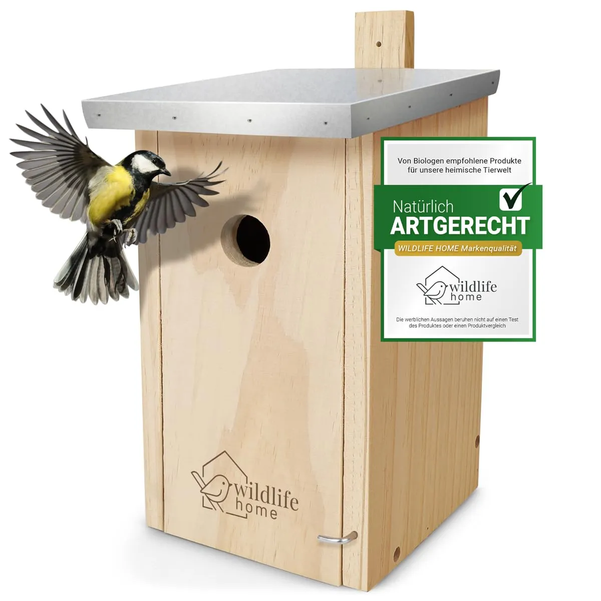 wildlife home Casetta per nidificazione con tetto in metallo per cincicipe di cavolo e Co. in legno massiccio avvitato, resistente alle intemperie e non trattata, per uccelli da appendere