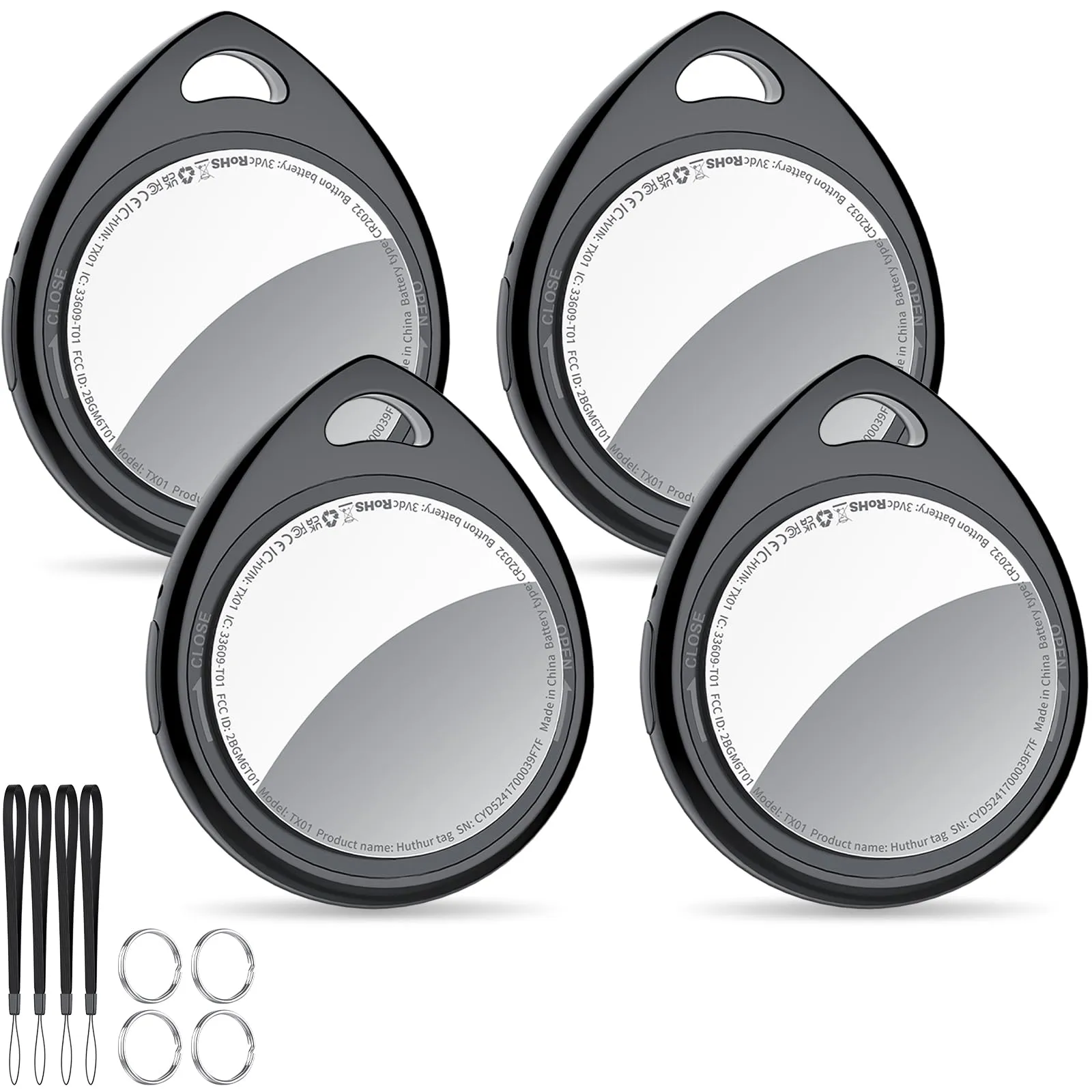 QCOQ® Air Tags 4 Pezzi Nero, Smart Tracker Bluetooth Compatibile con Apple Dov’è App (solo iOS), Localizzatore Chiavi fino a 100dB con Batteria Sostituibile per Chiavi/Bagagli/Valigie/Portafogli