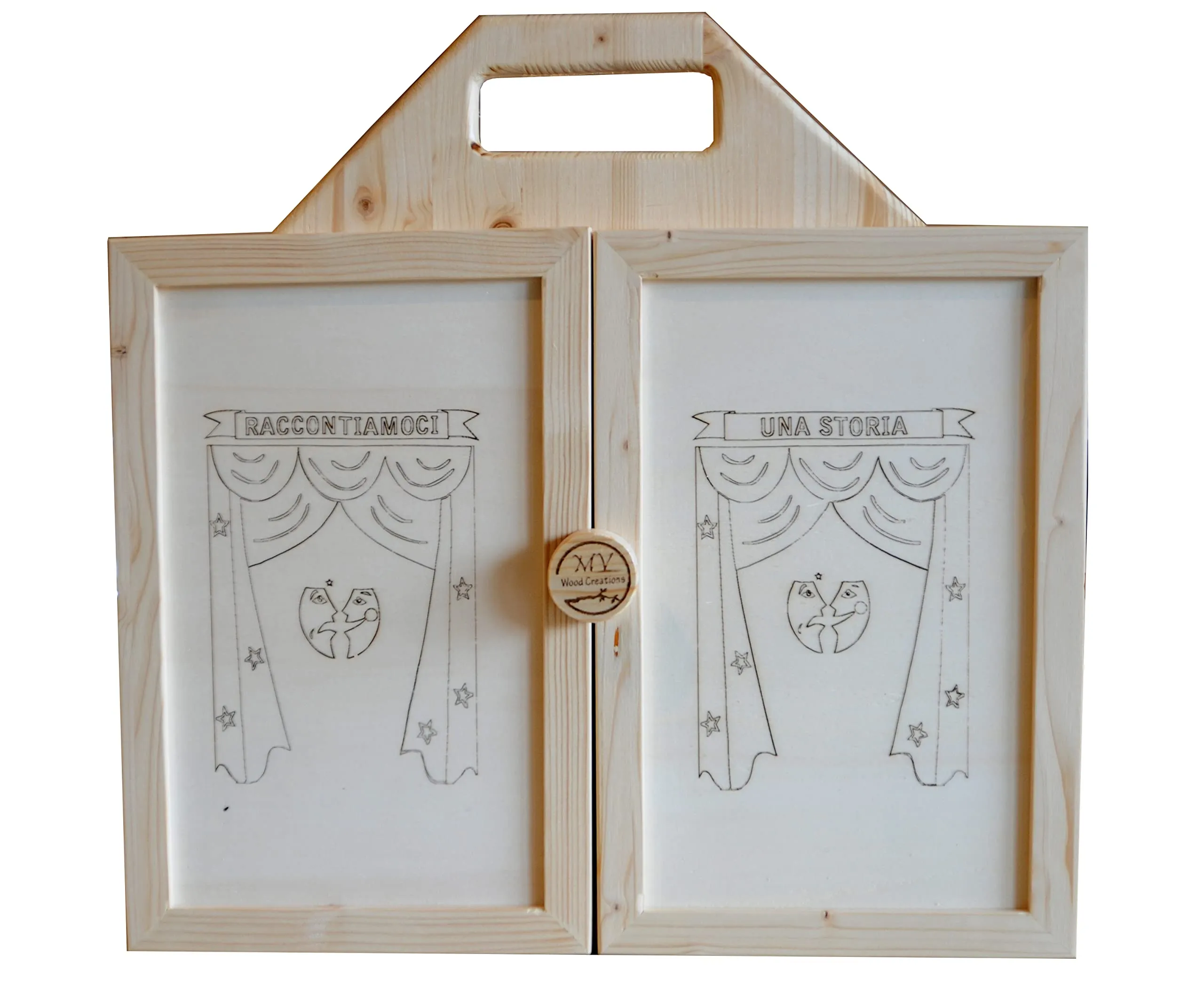 Teatrino in Legno fatto a Mano, Gioco Portatile per Bambini. Kamishibai. Teatro Giapponese delle Ombre + Scatola con Personaggi, Marionette in Legno "Animali nel Bosco".