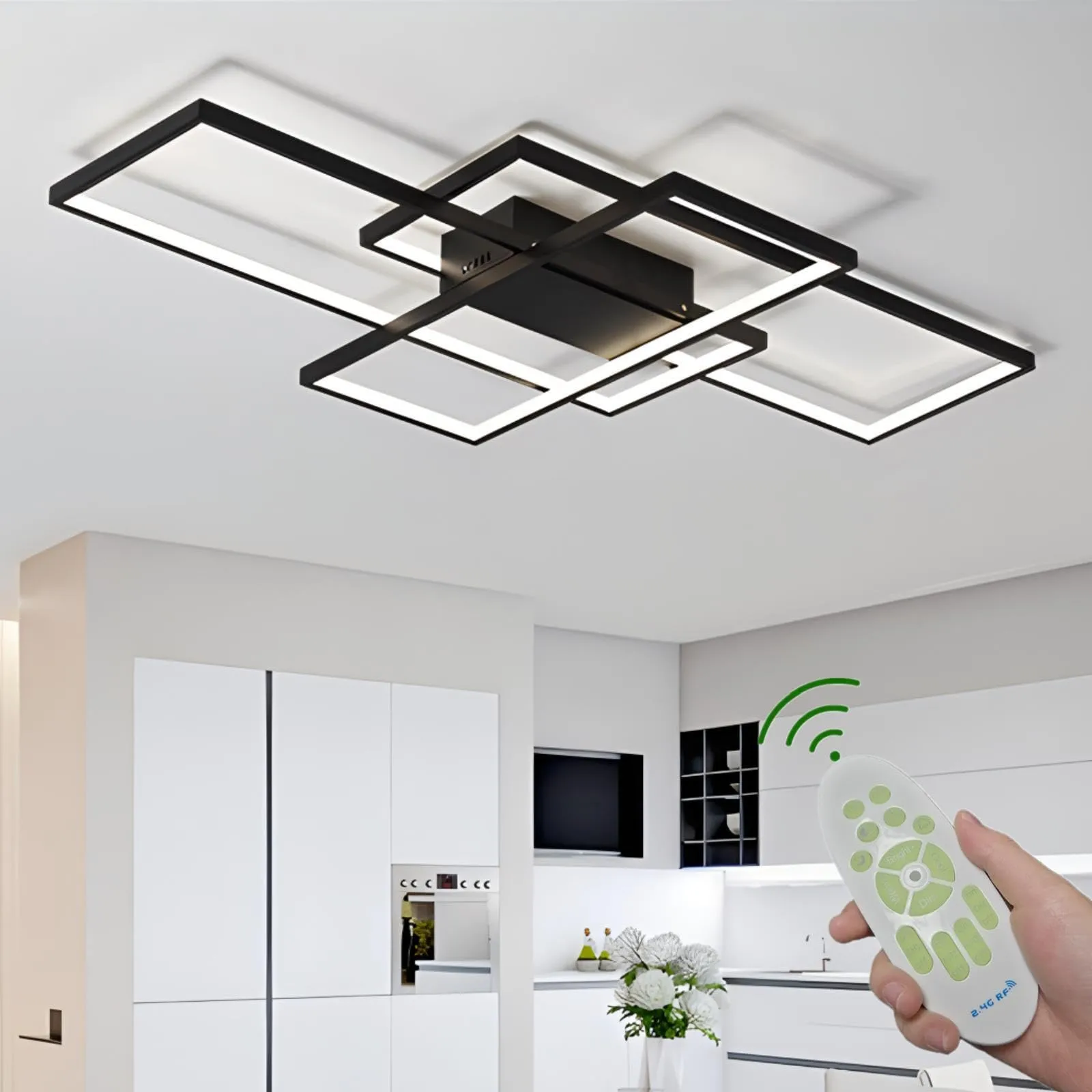 Plafoniera A LED Soggiorno Dimmerabile Soffitto Lamp Moderno Quadrato Designer Lampada A Sospensione Con Telecomando Cucina Sala Da Pranzo Ufficio Scala Soggiorno Lampadari,Nero,80x45x6.5cm