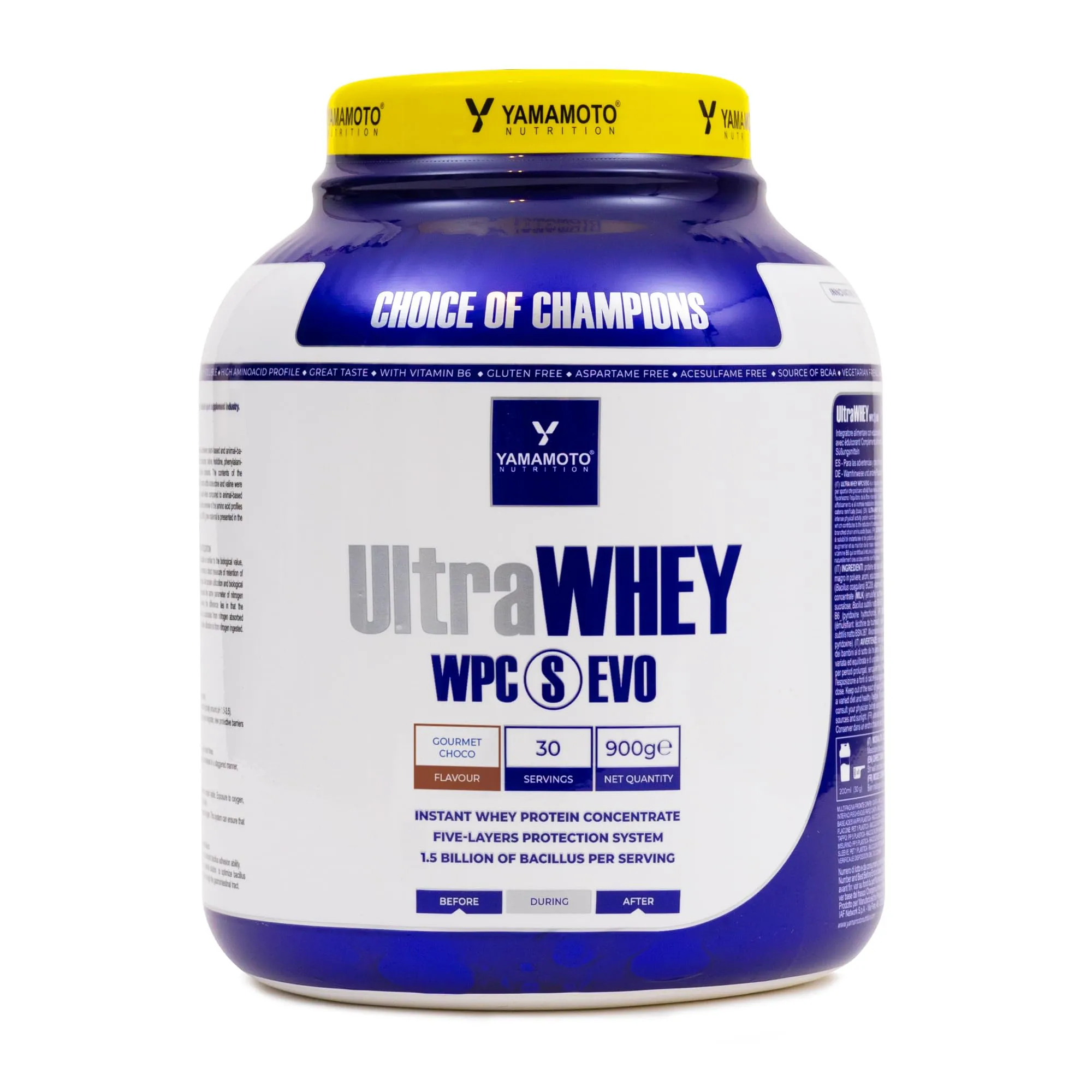 YAMAMOTO NUTRITION Ultra Whey WPC S EVO 900 g, 100% proteine del siero di latte concentrate ed istantanee, integratore con l’aggiunta di 15 miliardi di Bacillus per massimizzarne l’assimilazione