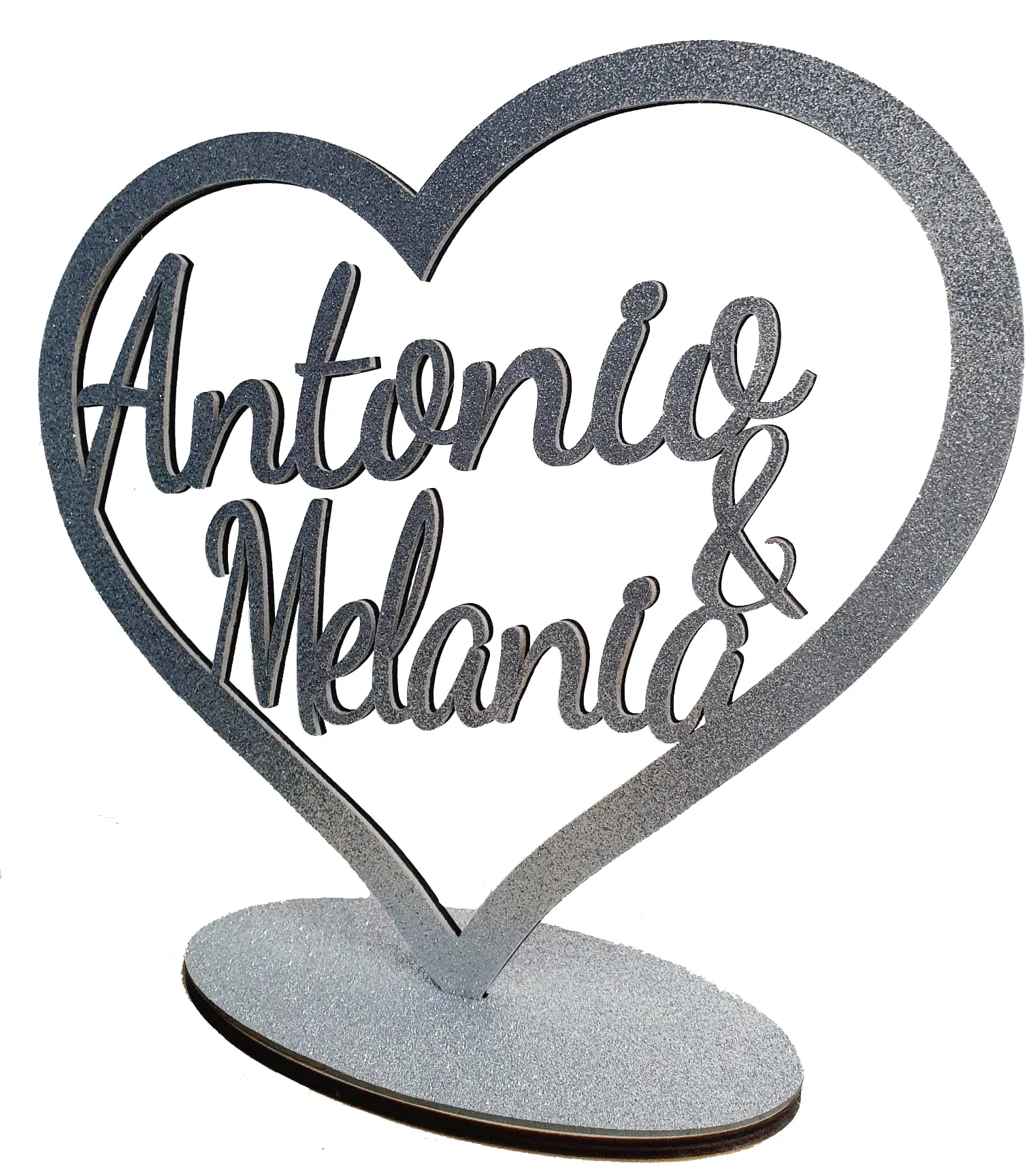 CUORE Decorazione Tavolo con il nome degli sposi -glitterato super luminoso- perfetto per matrimonio, anniversazio, nozze d'oro, d'argento - molti colori - Nome da tavolo - centrotavola personalizzato