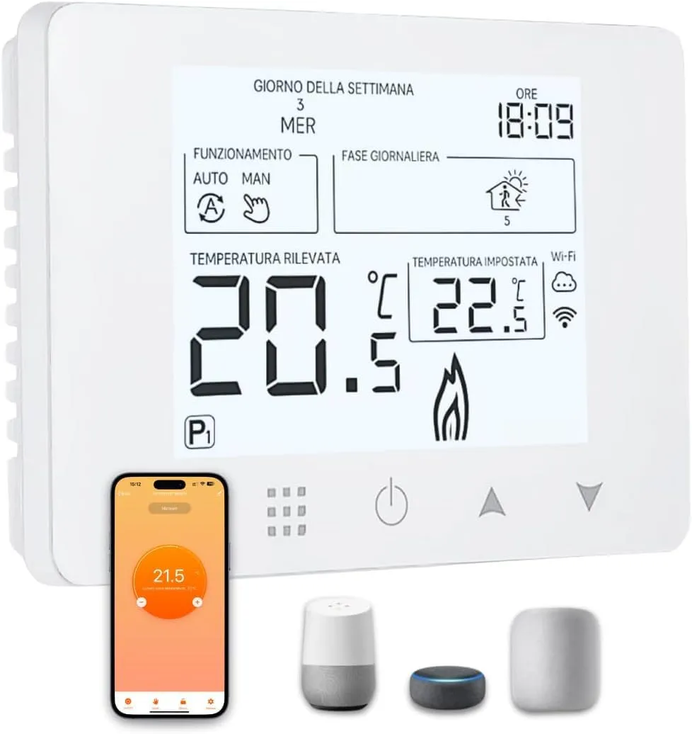 CRONOTERMOSTATO WIFI PROGRAMMABILE SMARTPHONE APP ALEXA TERMOSTATO CALDAIA DA PARETE O BOX 503 DISPLAY IN ITALIANO ALIMENTAZIONE 90-240 Vac