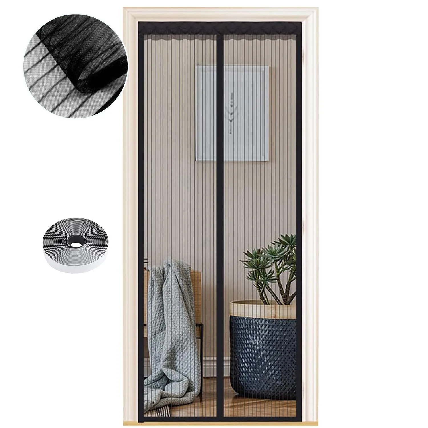 Zanzariera Magnetica per Porte 110 x 250 cm, Tenda Magnetica Zanzariera Porta, Nessun Attrezzo Richiesto, Facile da Installare, Adatto a Bambini e Animali Domestici, Strisce Nere