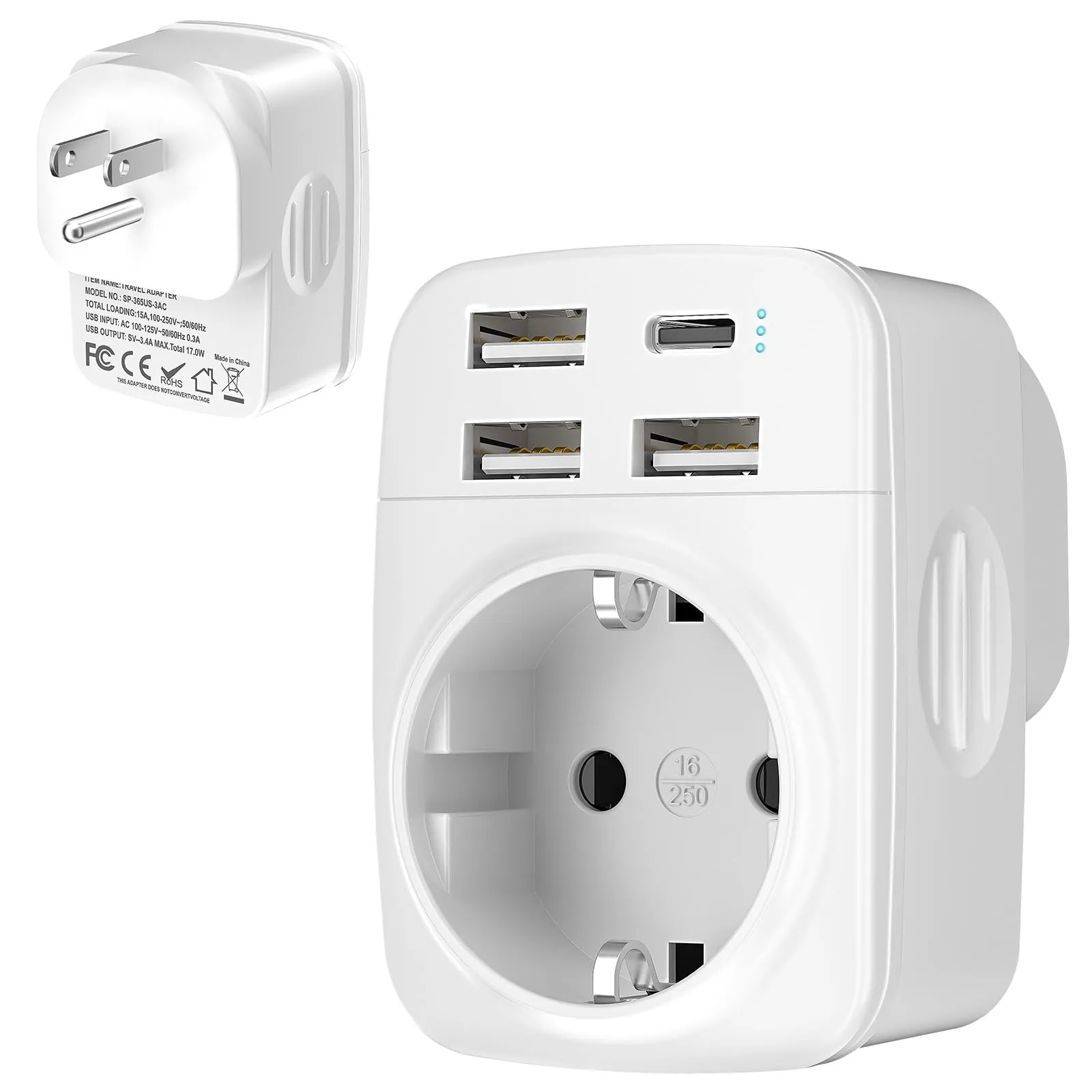 Hoppac 5 in 1 Adattatore Presa Americana, Adattatore USA con 3 USB A e 1 USB C per spina Canada, Messico, Antigua e Barbuda, Aruba, Bahamas, Barbados, Belize, Bermuda, Colombia, Costa Rica