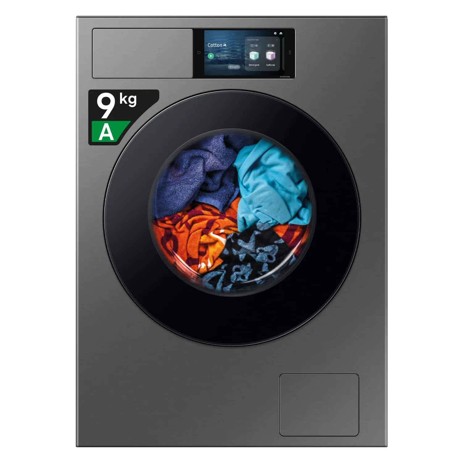 Samsung Lavatrice BESPOKE AI Laundry WF90F09C4S/U3 Libera installazione, 9 Kg, Wifi, Ecodosatore, Display AI Home, Classe Energetica A-55%, Corpo: Dark Silver Steel, Oblò: Nero, 60l x 85h x 60p cm