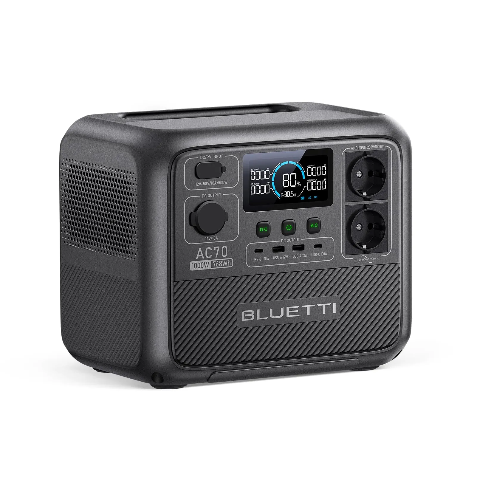 BLUETTI Centrale Elettrica Portatile AC70, 768Wh LiFePO4 Batteria Backup, 2 1000W AC Uscite (Power Lifting 2000W) 100W Type-C, 45 minuti dallo 0 all'80%, Generatore Solare per Campeggio, Viaggio
