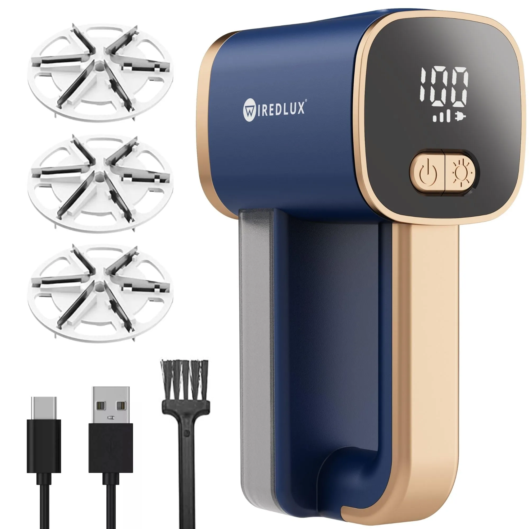 Levapelucchi Elettrico WiredLux - Levapelucchi Ricaricabile per Vestiti e Mobili - Luce LED, 3 Velocità Regolabili, Spazzola a 6 Lame, Ricarica USB - Togli Pelucchi con Doppia Protezione