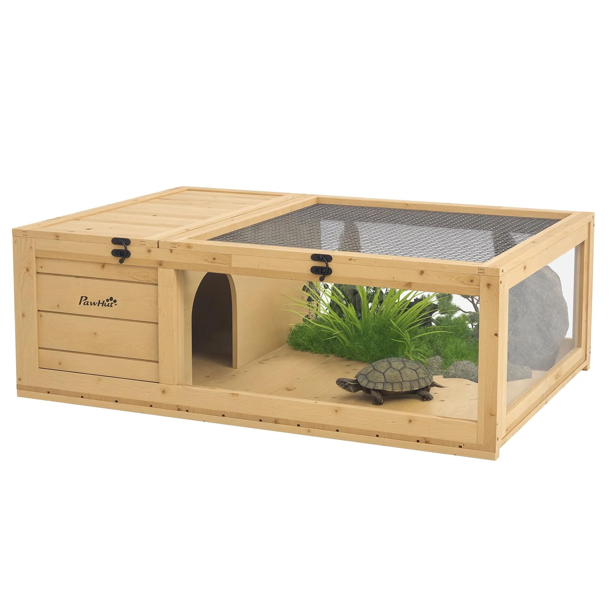 PawHut Casa per tartarughe in legno, terrario per rettili con tetto in rete, pannelli laterali trasparenti estraibili e chiavistello di sicurezza, capannone per tartarughe, 91 x 60,5 x 32 cm, naturale