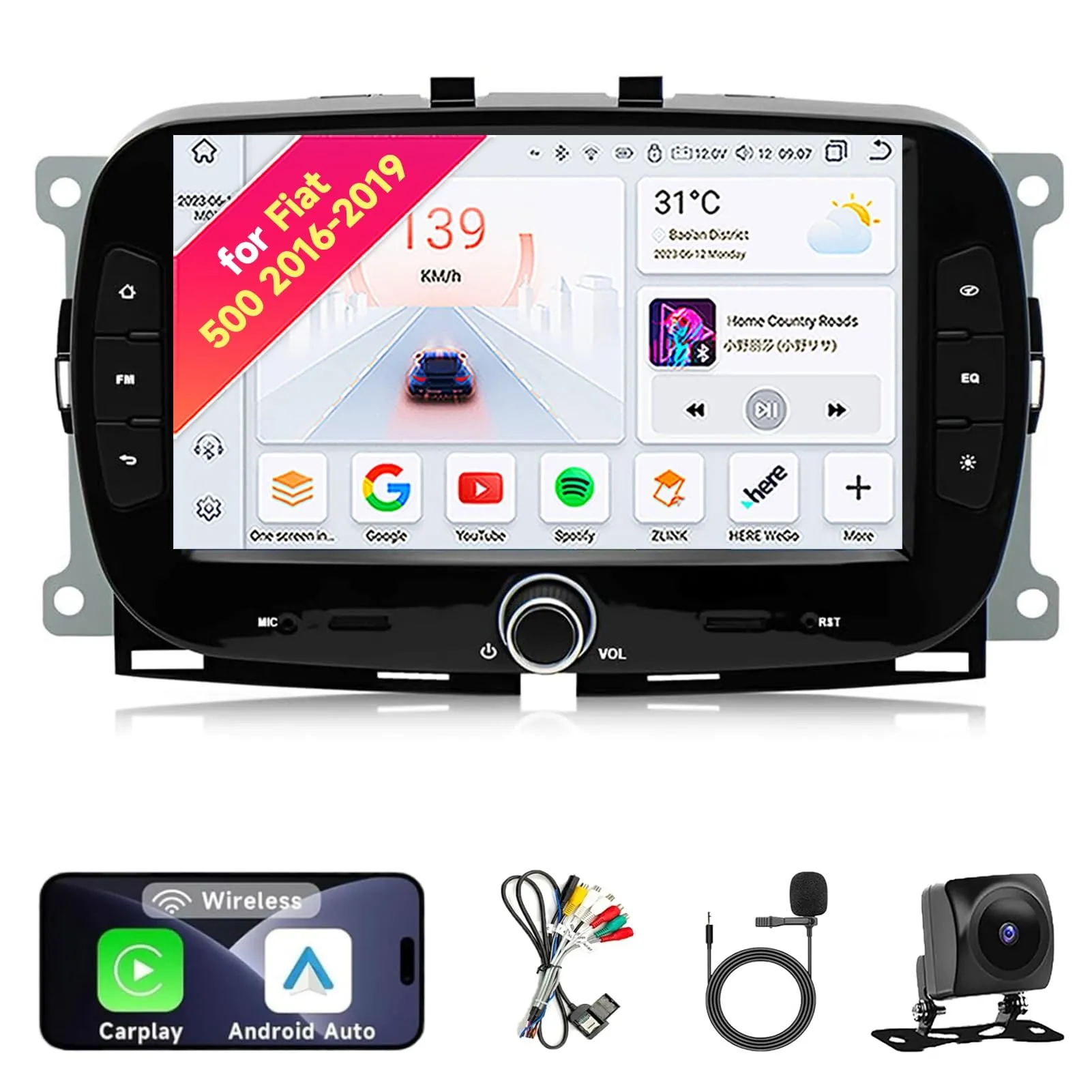 Autoradio stereo Android 13 Per Fiat 500 2016-2019 - Schermo touch IPS da 7", kit cruscotto aggiornato con CarPlay e Android Auto, navigazione GPS, Bluetooth 5.0, WiFi, SWC, 5G, DSP(4Core 2+32GB)