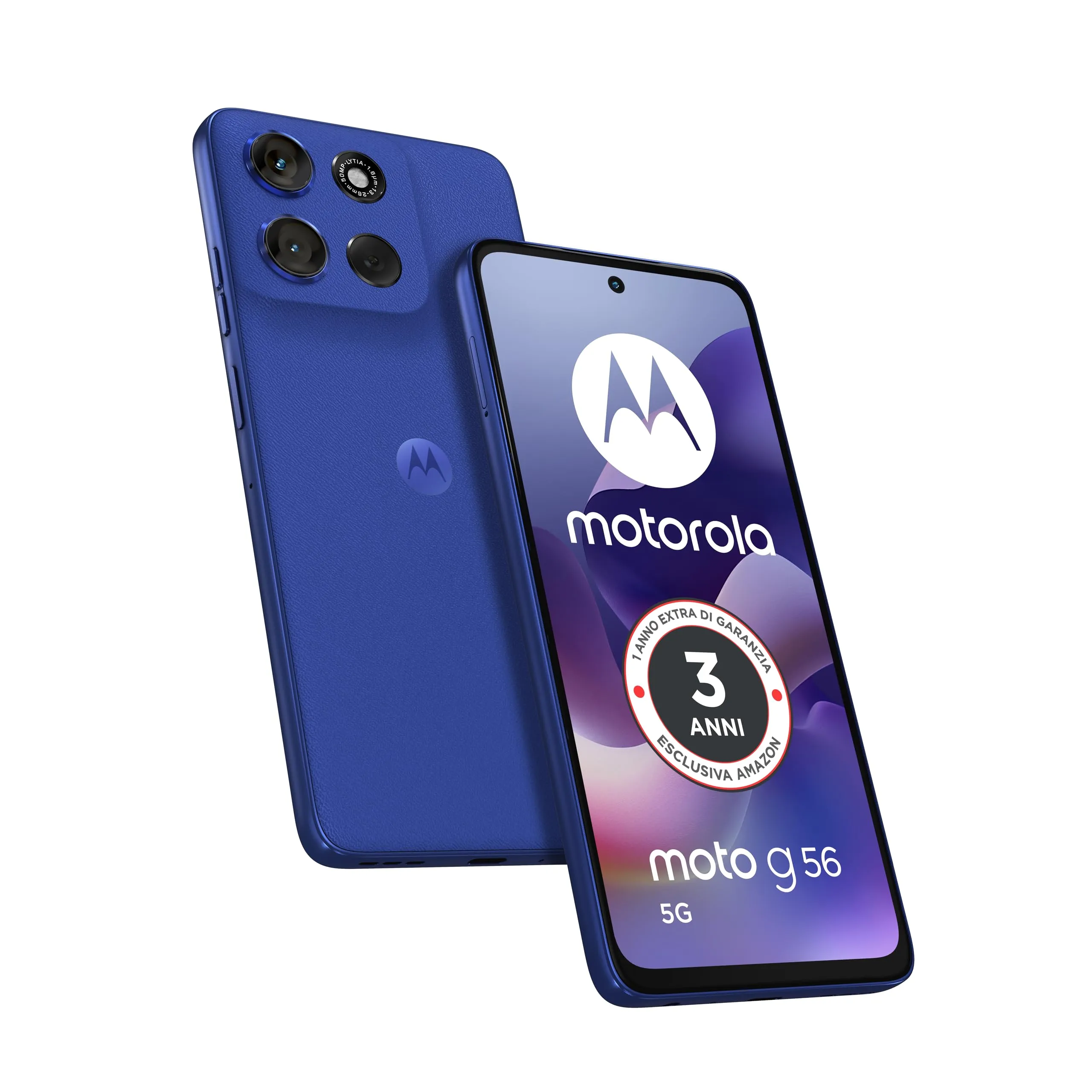 Motorola moto g56 5G con 3 anni di garanzia (8/256GB, Fotocamera 50MP + flicker cam, Display 6.72" FHD+ 120Hz, batteria 5100mAh, MediaTek Dimensity 7060, Android 15), PANTONE Dazzling Blue