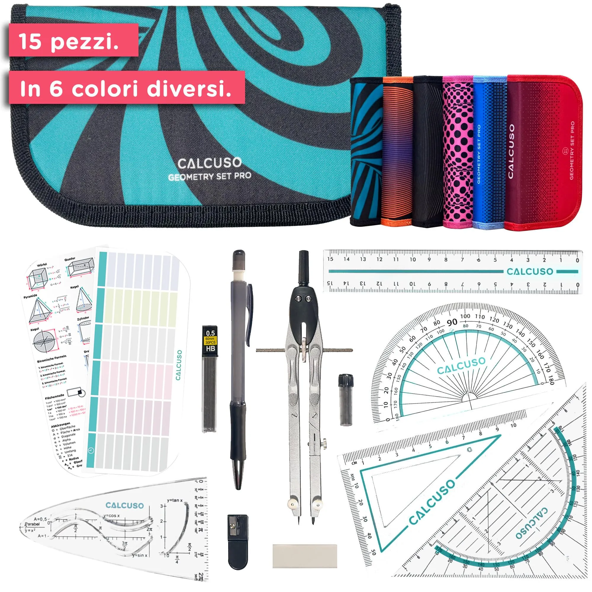 CALCUSO SET DI GEOMETRIA PRO in un astuccio turchese con compasso e goniometro - Astuccio pratico per scuola, università, ufficio e disegni - Ideale come set di geometria per la scuola