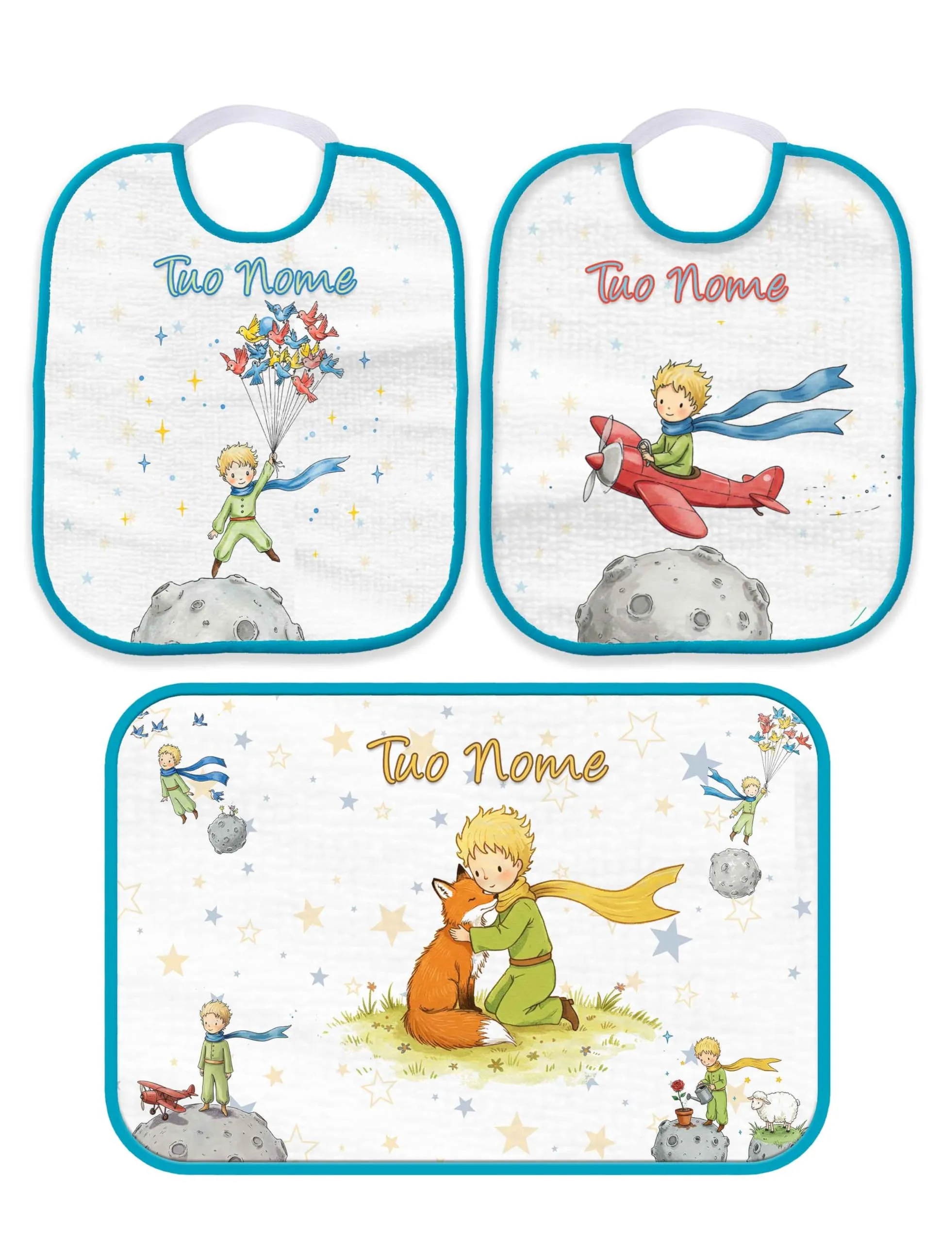 Set Bavaglino Asilo con elastico personalizzato con nome del bambino (Set 2 Bavette Bavaglino Asilo + Asciugamano con asola Bordo Azzuro)