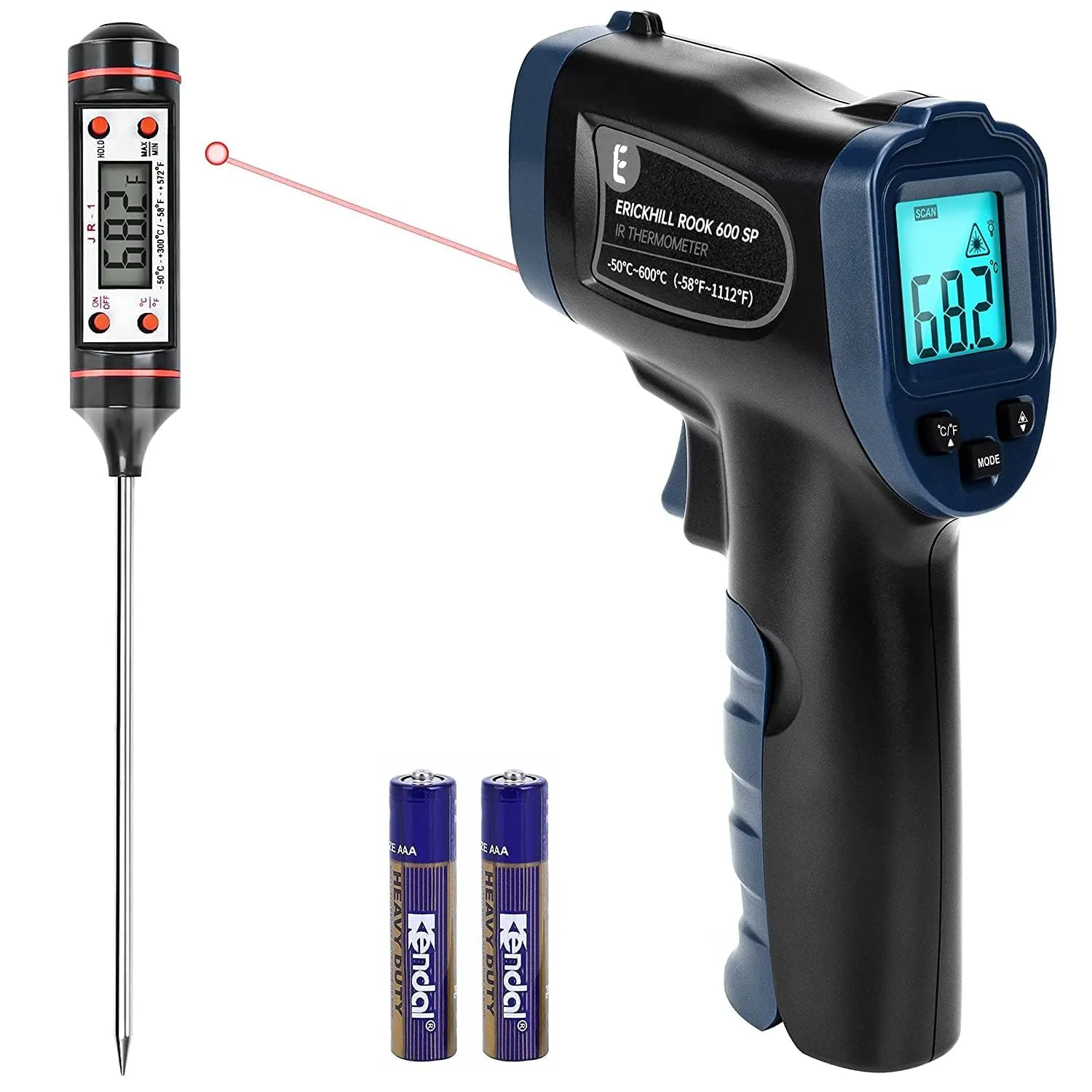 ERICKHILL Termometro a infrarossi -50℃ ~ 600℃ Pistola termica digitale laser senza contatto con display LCD, emissività regolabile - Adatto per cucinare/grigliare/congelare, con sonda per carne
