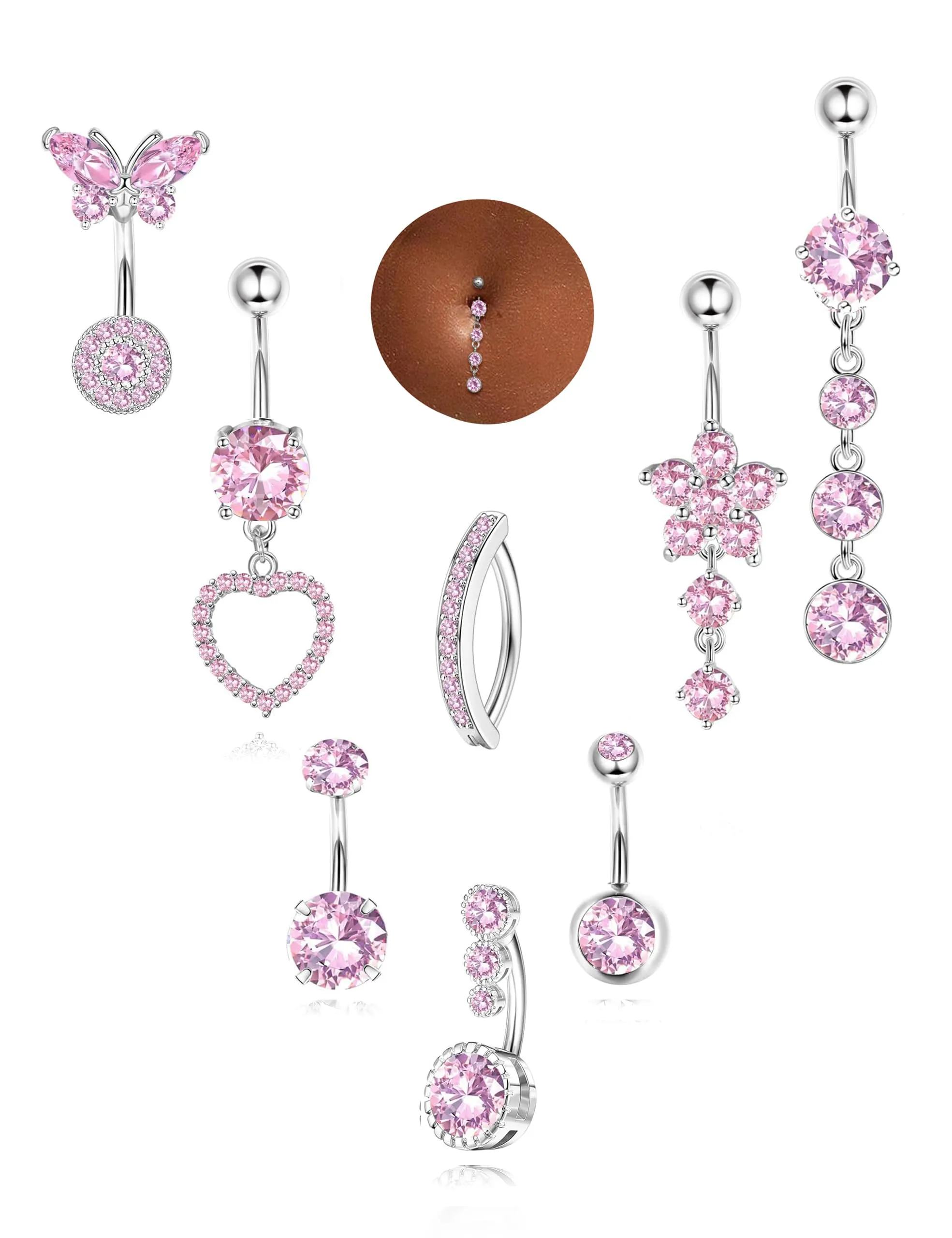 Milacolato Piercing Ombelico Acciaio Chirurgico, Set di 8 Rosa Navel Piercings, Gioielli Pendenti per la Cute a Fiore, Cuore e Farfalla, Gioielli per Gioiello per l'Addome Clicker per Donne e Ragazze