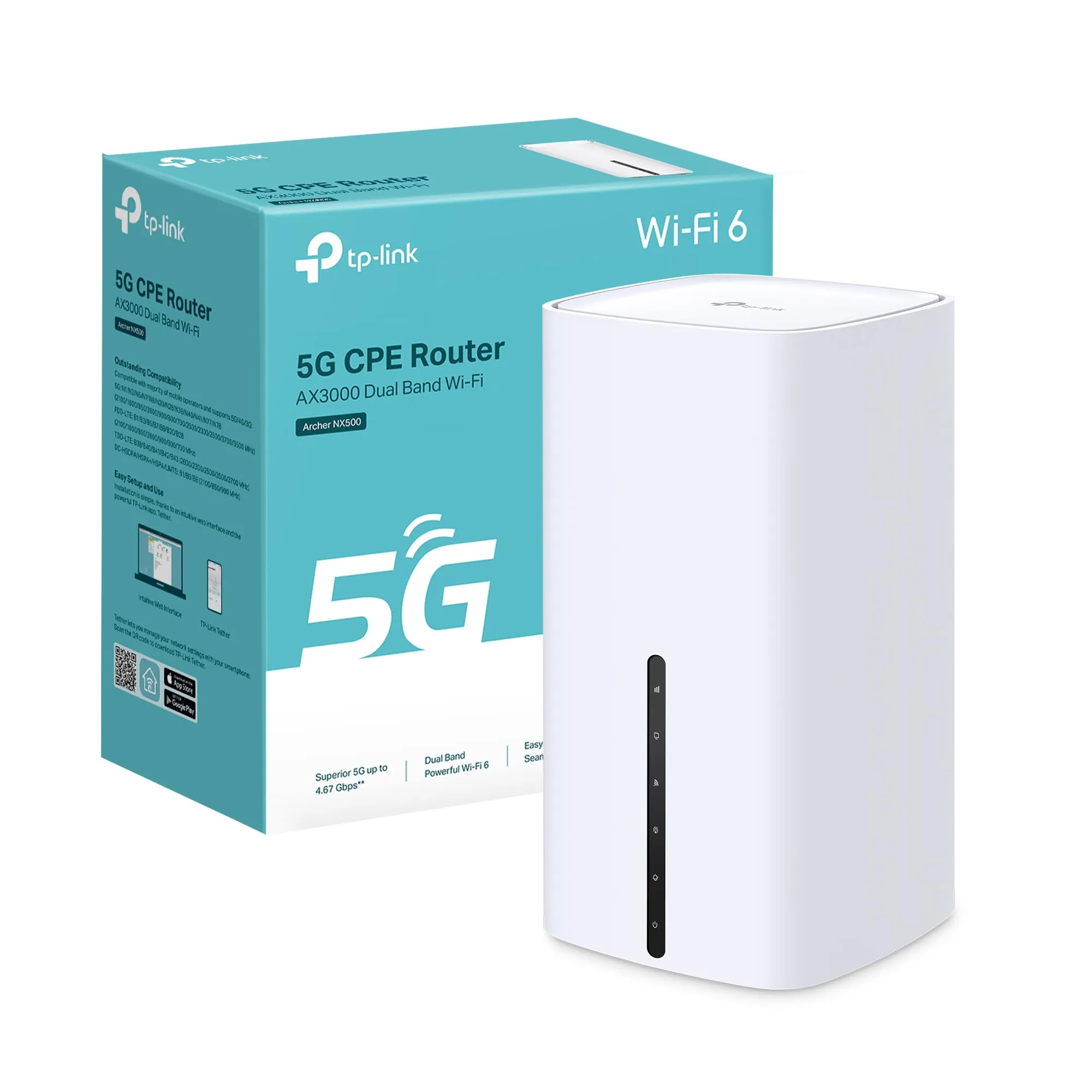 TP-Link Archer NX500 Router 5G Wi-Fi 6 AX3000Mbps Dual Band, Porta Gigabit WAN/LAN +2×Porte Gigabit LAN, Plug & Play, 1024-QAM, 8×5G/LTE, 3×Wi-Fi Antenne Interne, EasyMesh, HomeShield