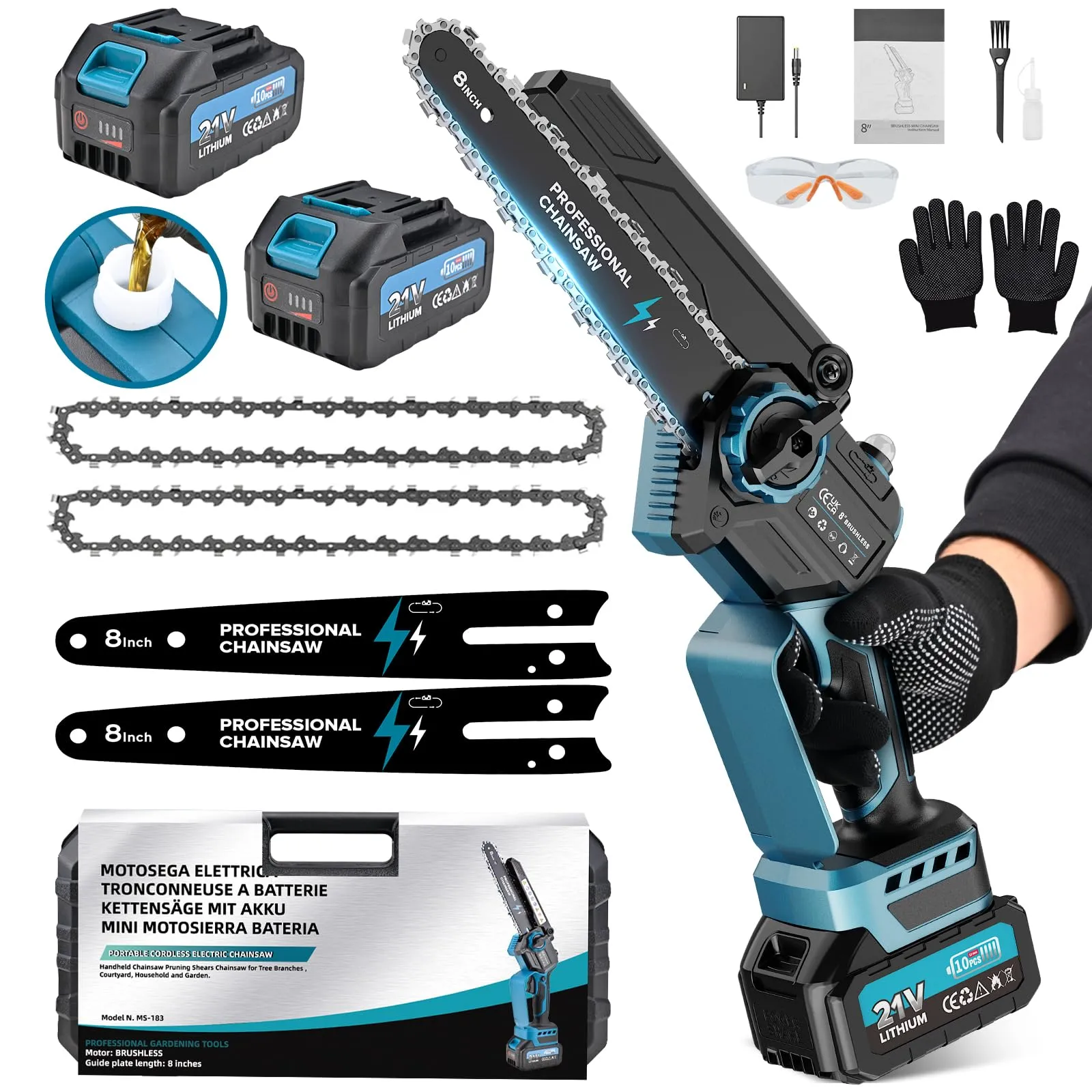 Mini Motosega a Batteria per Potatura con 2x4000mAh Batterie, 6 Pollici Motosega Elettrica con Catena di Ricambio e Pompetta Olio, Sega a Batteria per Potatura per il Taglio del Legno Giardini