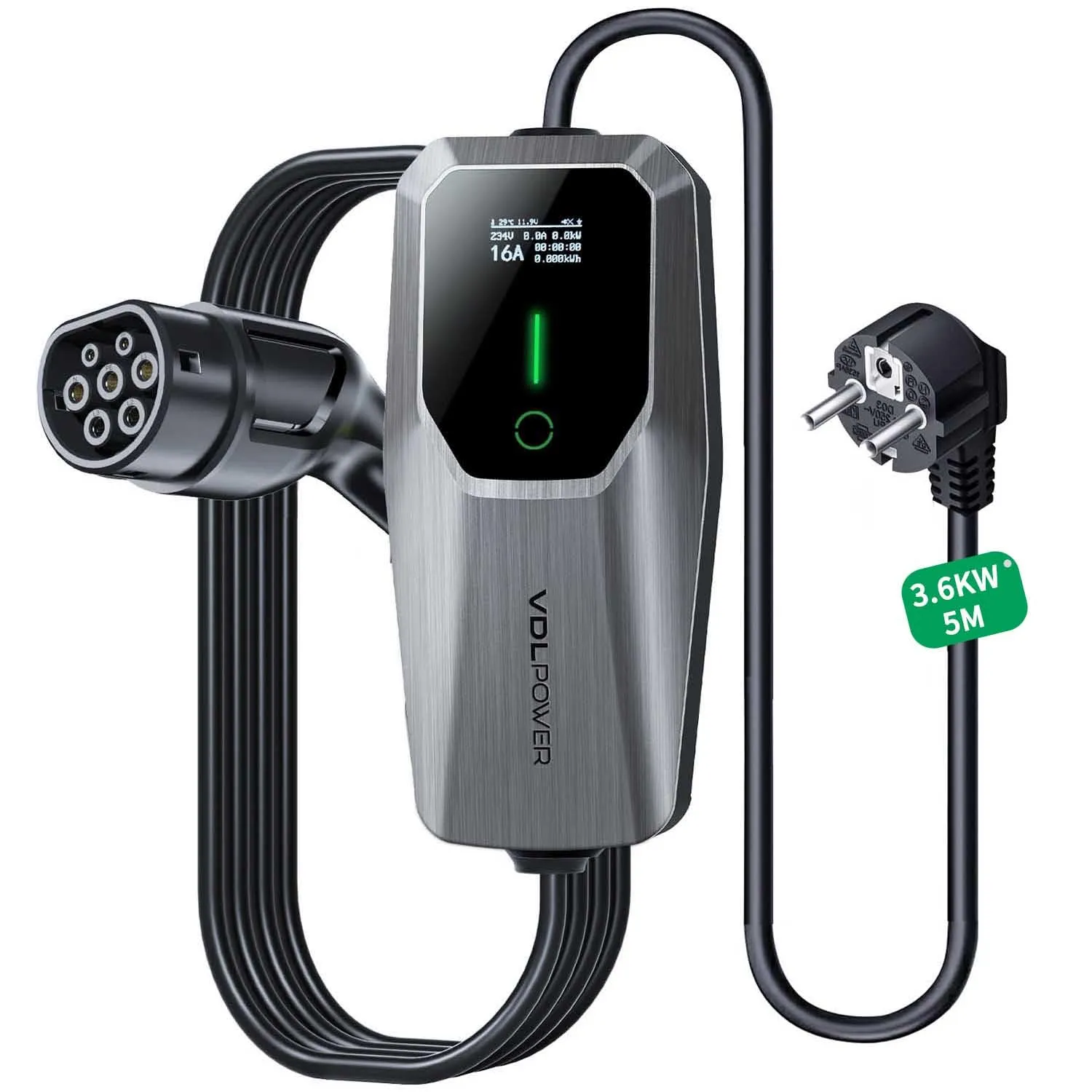 VDLPOWEREU Cavo Ricarica Auto Elettrica, 3,6 KW EV Caricatore Tipo 2, 5m Caricabatterie Elettrico per Auto, 6-16 A con Spina EU Schuko, terminale di Ricarica monofase IP65 (IEC 62196-2)