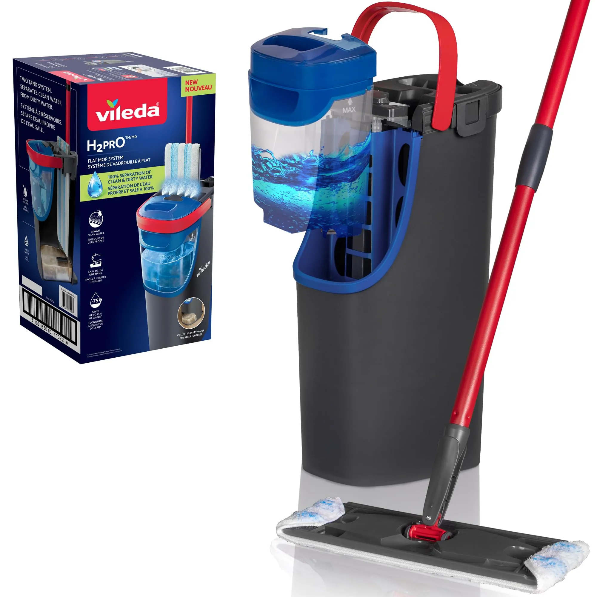 Vileda H2PrO Flat Mop Sistema lavapavimenti a piastra piatta | Separazione acqua pulita e sporca | Progettato per risparmiare acqua | Utilizzo a una mano | Design compatto | Pulizia con microfibra
