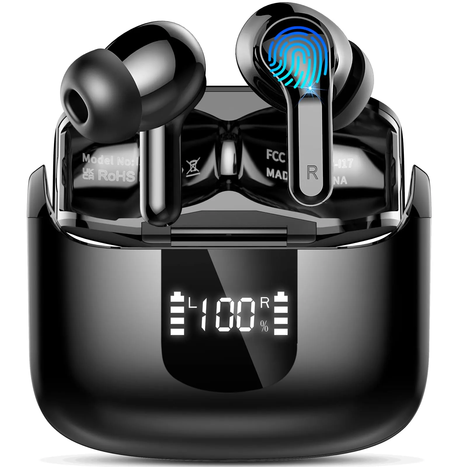 Ordtop Cuffie Bluetooth, Auricolari Bluetooth 5.4 con 4 HD ENC Cancellazione Rumore Mics, 40 Ore HiFi Stereo Cuffiette Bluetooth con LED Display USB-C, IP7 Impermeabili Cuffie Wireless per Android/iOS