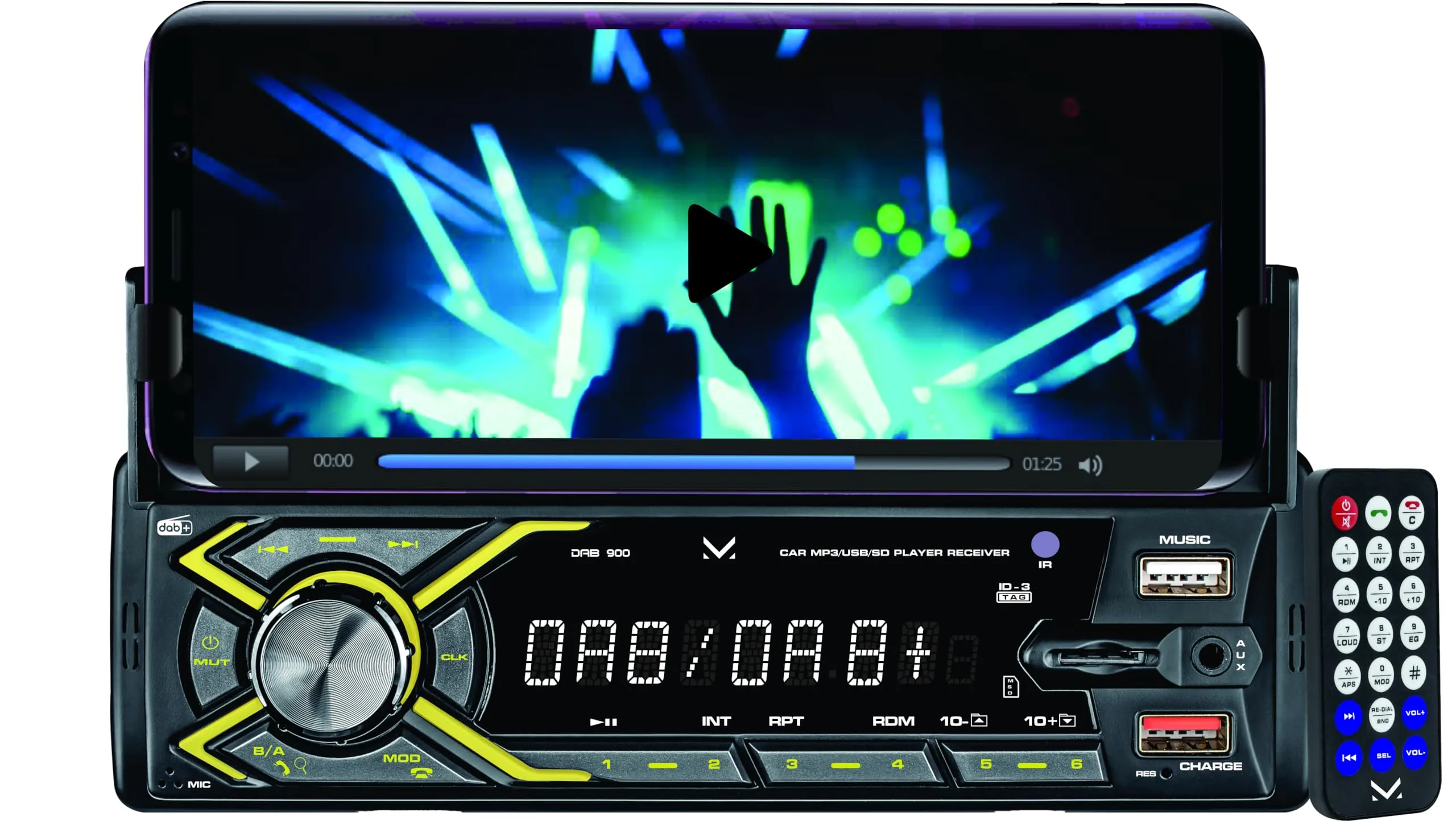 Majestic DAB 900 - Autoradio DAB+/RDS FM con porta telefono frontale regolabile, Wireless audio, Doppio USB, Ingressi SD/AUX-IN, Telecomando, 180W (45W x 4ch), Nero