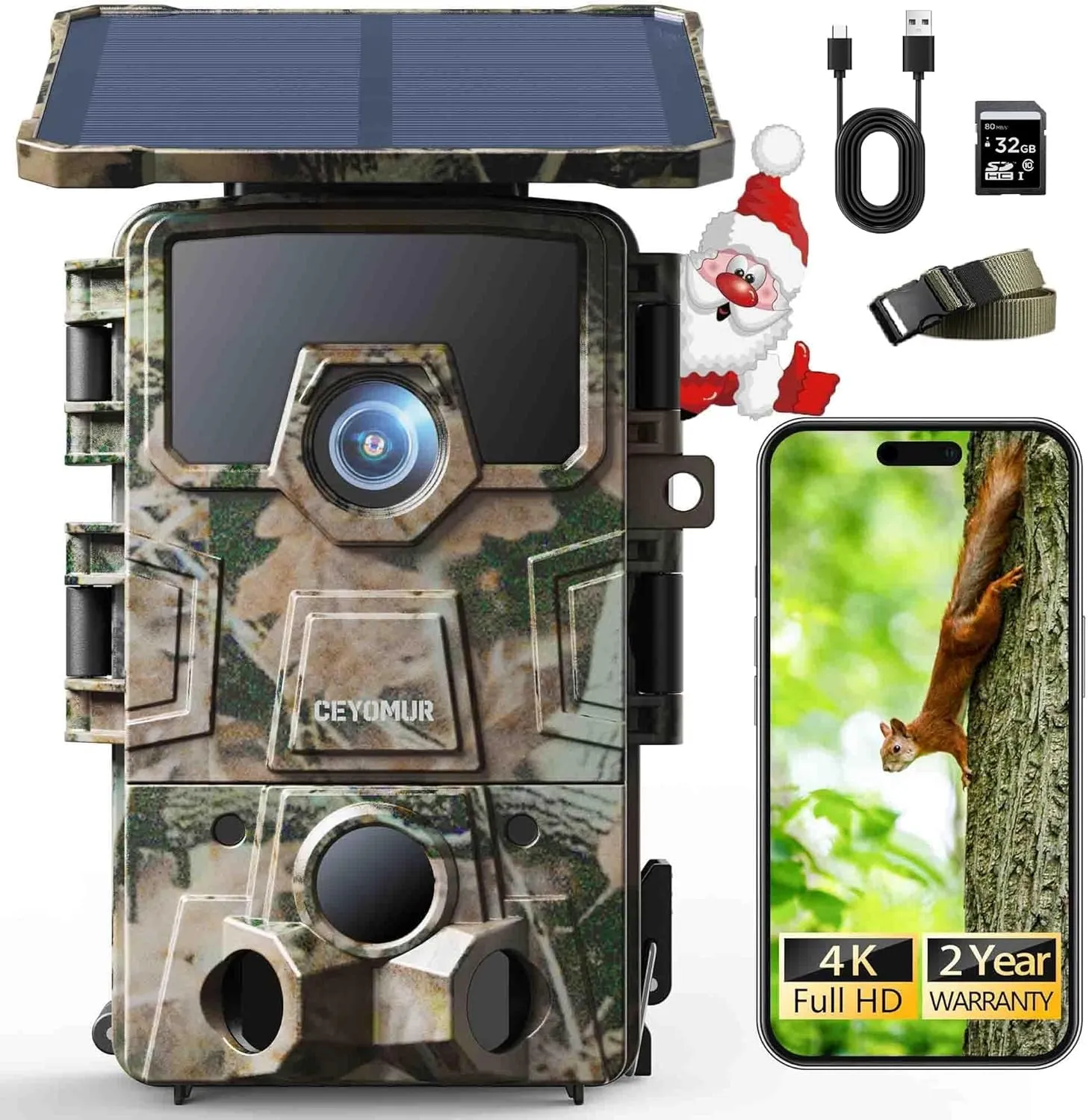 CEYOMUR 4K UHD Fototrappola Solare, Wifi 6 Fototrappola Notturna con Batteria Ricaricabile da 5200mAh, Fotocamera Caccia con Angolo di Rilevamento 120° Impermeabile IP66 Scheda SD da 32GB