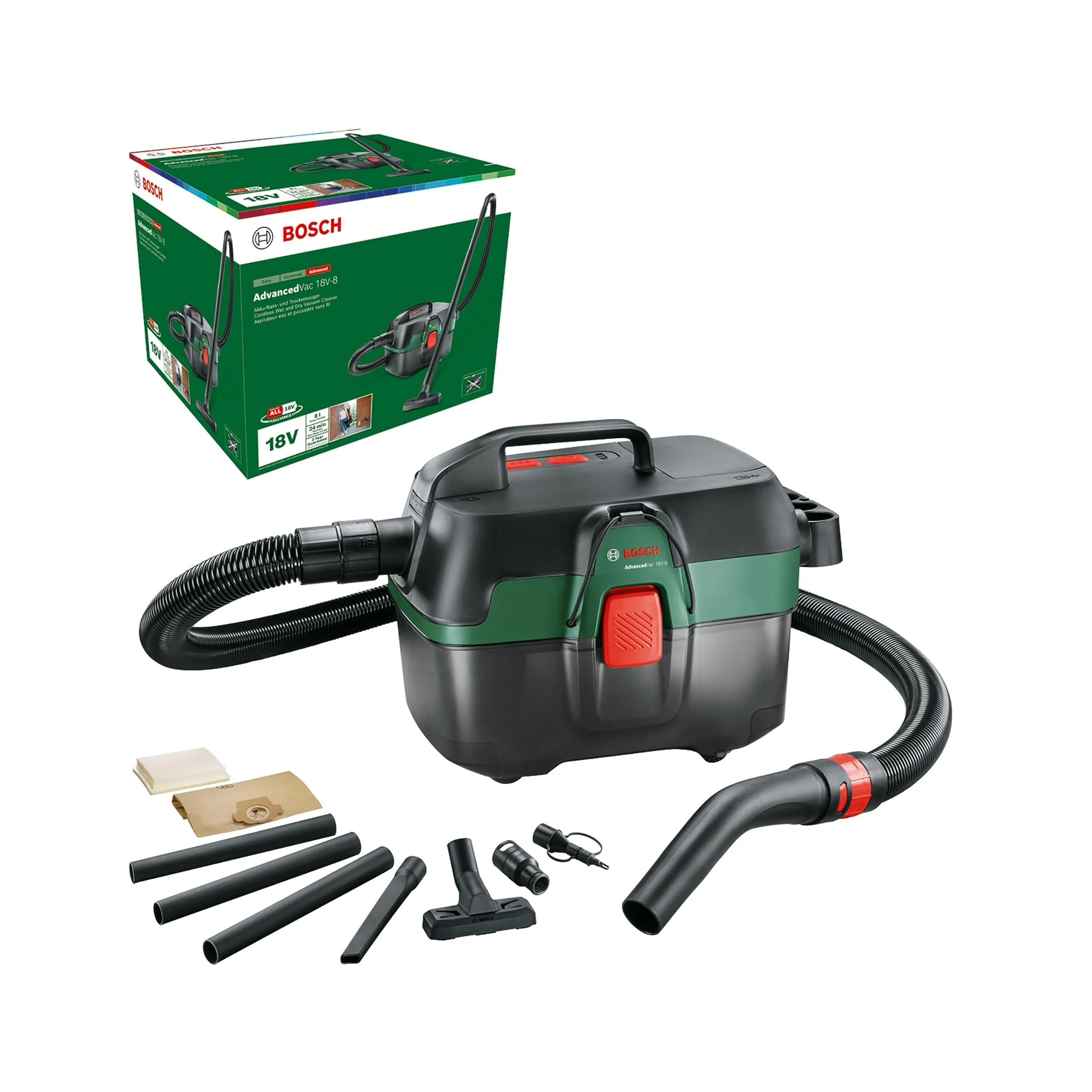 Bosch Home And Garden 06033E1000 Bosch Aspiratore A Umido E A Secco Advancedvac 18 V, Senza Batteria, Sistema 18 Volt, Set Di Accessori Incluso, In Confezione Di Cartone