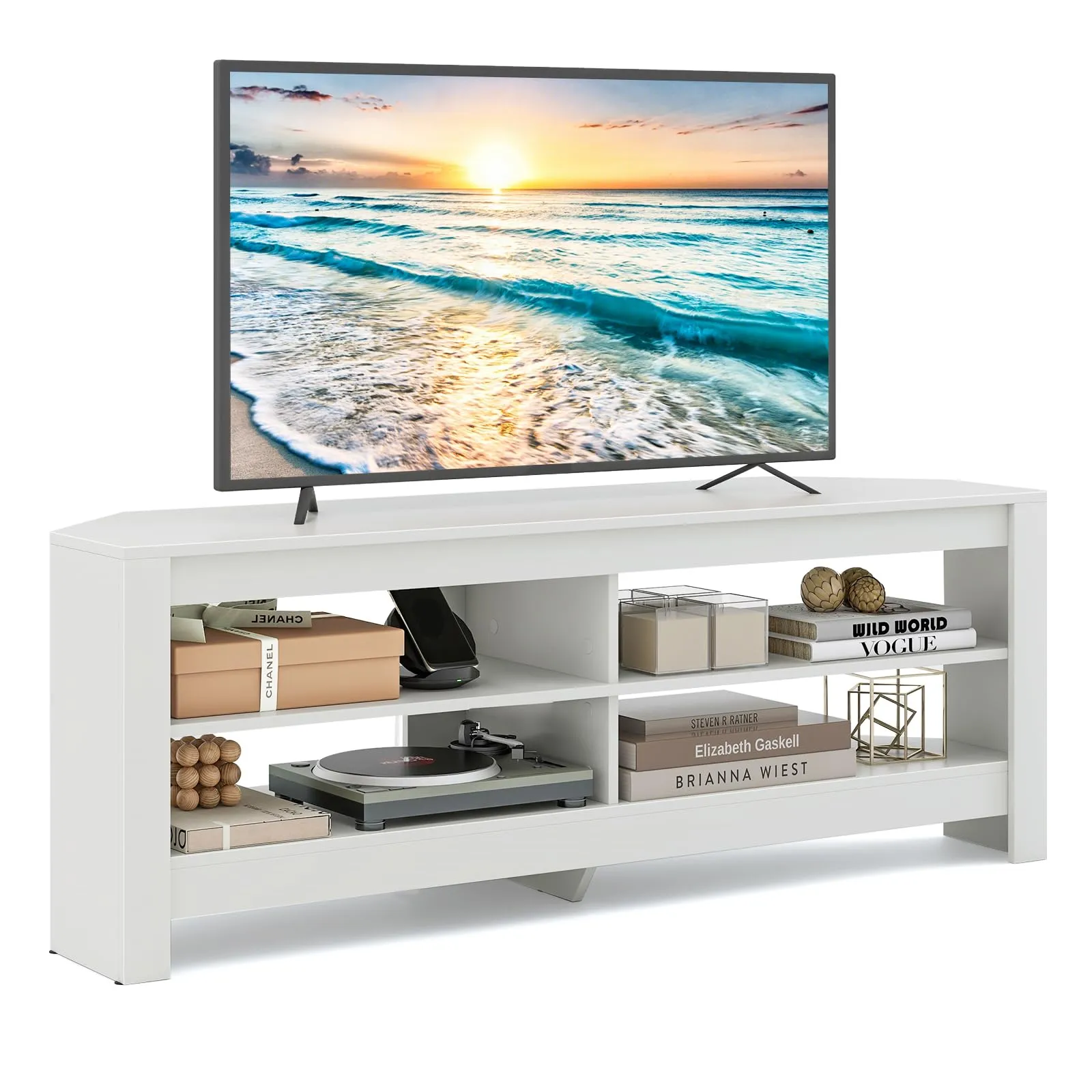 COSTWAY Mobile Porta TV fino a 65'', con Presa Elettrica, Mobiletto Angolare per Soggiorno a 3 Ripiani con 4 Scaffali Aperti, Tavolo Console Media per Soggiorno Ingresso, 140 x 40 x 49,5 cm (Bianco)