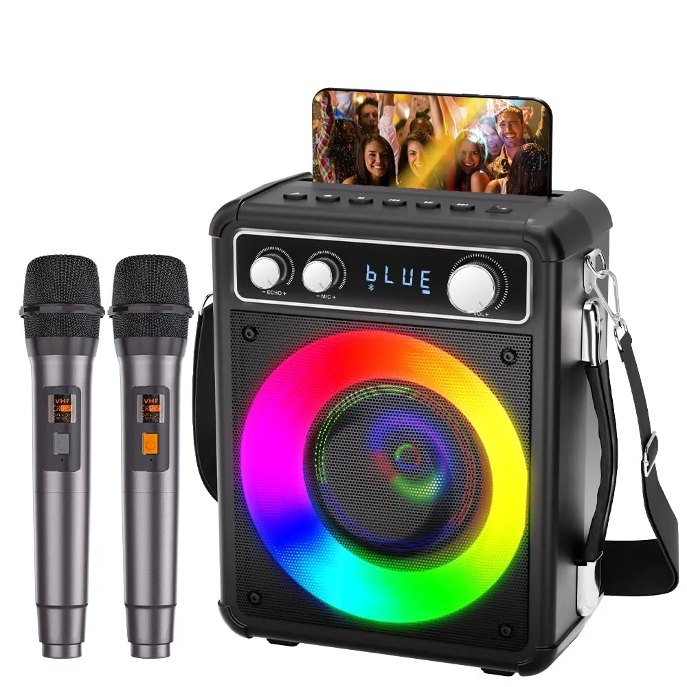 BONAOK Sistema Karaoke Bluetooth con 2 Microfoni, Karaoke Machine,Macchina Ricaricabile per il Karaoke Party, Music Box con Effetto Luci, Supporto TF USB per Home Party T03