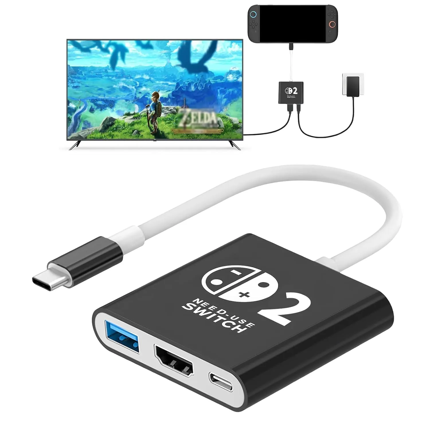 AriKroii Switch 2 TV Dock, Portatile Base Support Compatibile con Nintendo Switch 2 Console,3 in 1 Docking Station Supporto 4K HDMI/USB 3.0/PD 100W Port, Dock Switch 2(Nero Bianco)