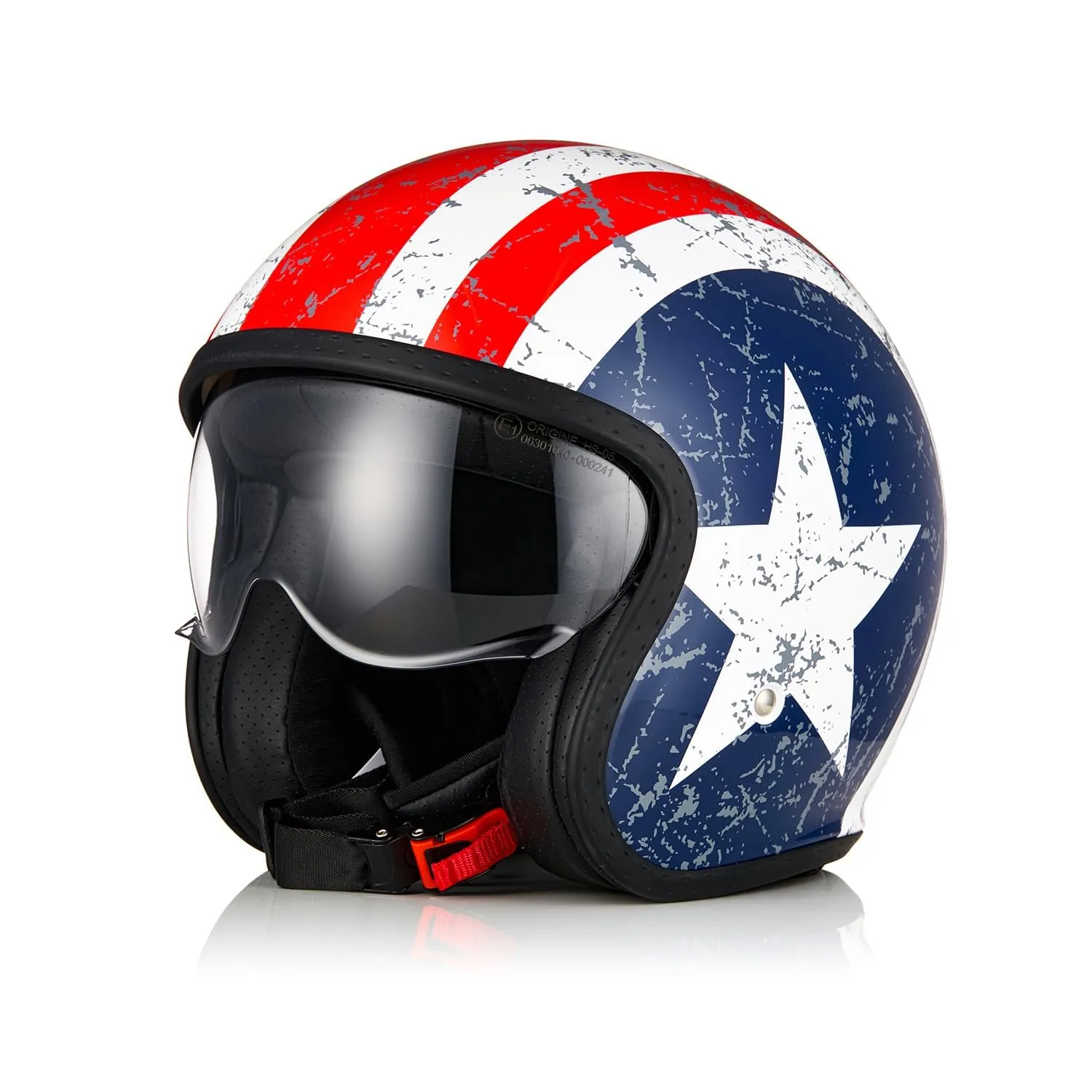 ORIGINE Casco moto Jet Casco da scooter con visiera omologata ECE 22-06(Rebel Star Matt Blue Red,M)