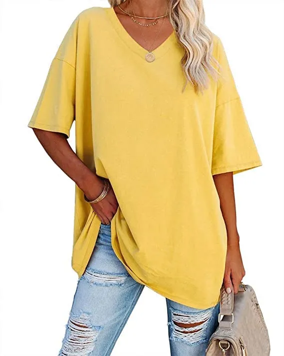 Ebifin Maglietta Oversize da Donna con Scollo a V Manica Corta Casual Sciolto di Base Estivo Magliette Camicetta.Giallo.XXL