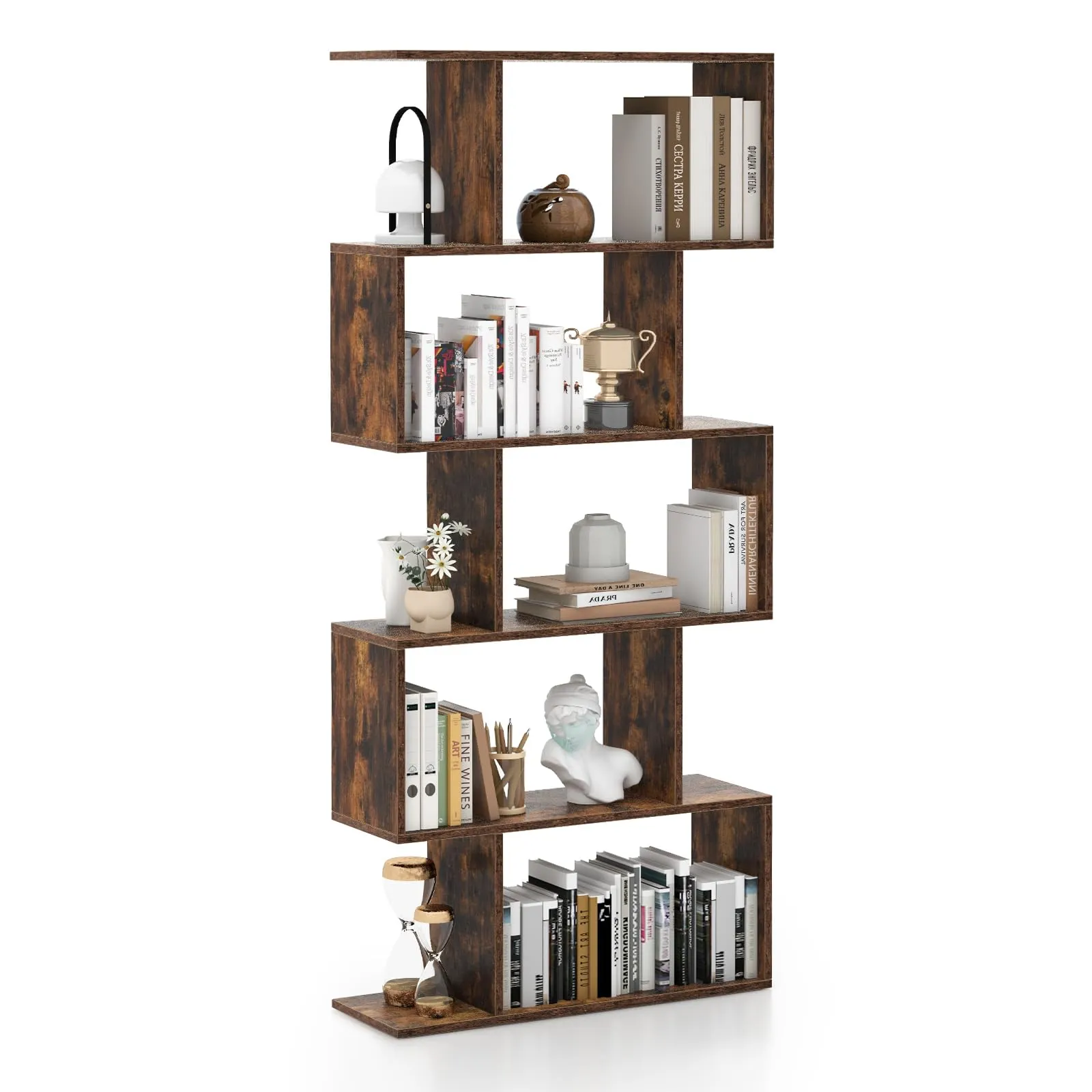 COSTWAY Scaffale a 5 Ripiani in Legno, Libreria Geometrica a Forma di S con Dispositivo Antiribaltamento, per Soggiorno Ufficio Camera da Letto, 70 x 23,5 x 158 cm (Marrone)