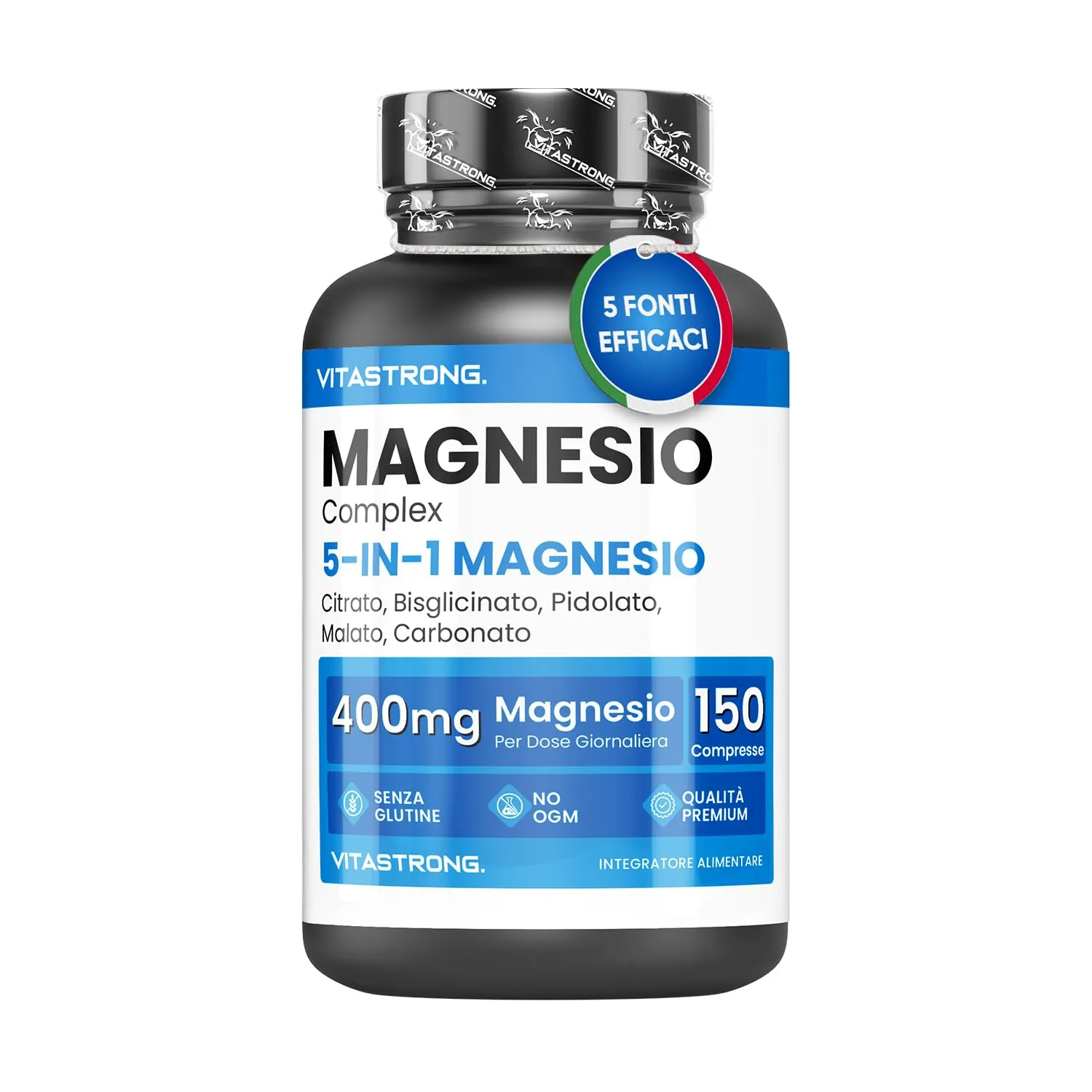 MAGNESIO COMPLETO 400mg - 5 in 1 Magnesio - Magnesio Bisglicinato + Magnesio Citrato + Magnesio Pidolato + Malato e Carbonato – Integratore Magnesio Antistress