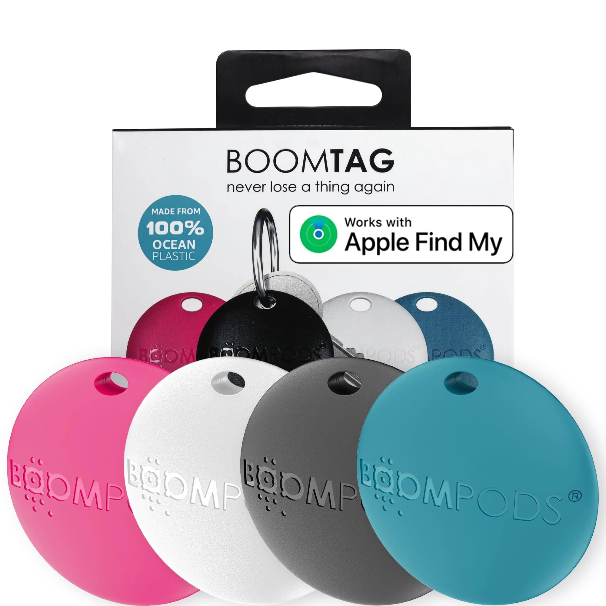 Boompods Boomtag Tracker Tag, Confezione da 4 - Localizzatore Tag Bluetooth compatibile con App Apple Find My, Impermeabile IPX5, Bluetooth Trova Oggetti per Portafogli, Bagagli, Bambini, Animali