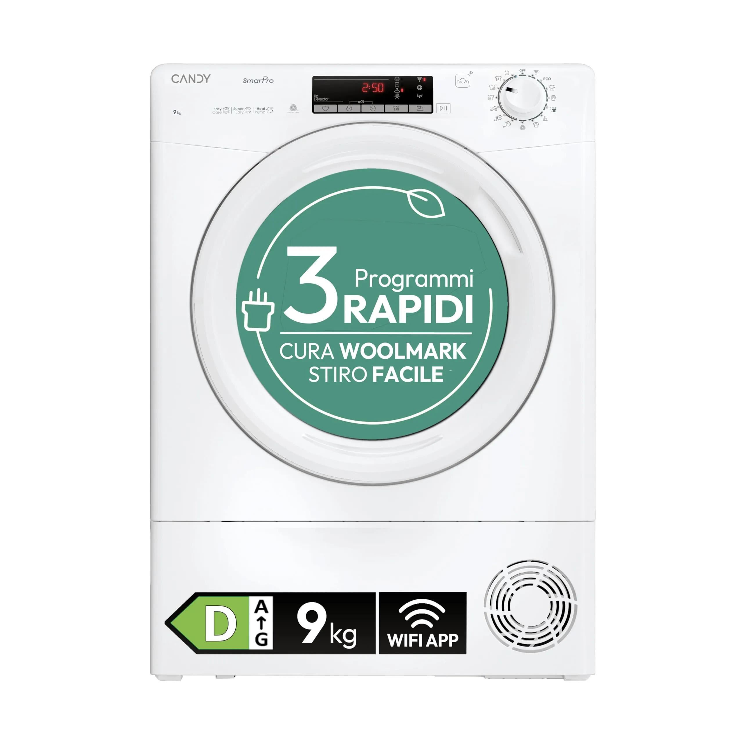 Candy Smart Pro CRO EH9N2TE-S, Asciugatrice 9KG, Pompa di calore, App HOn, Woolmark Certification, Rumorosità (dB) 66, Wi-Fi + BLE, 85 x 60 x 58.5 (A x L x P cm), Bianco - Classe D