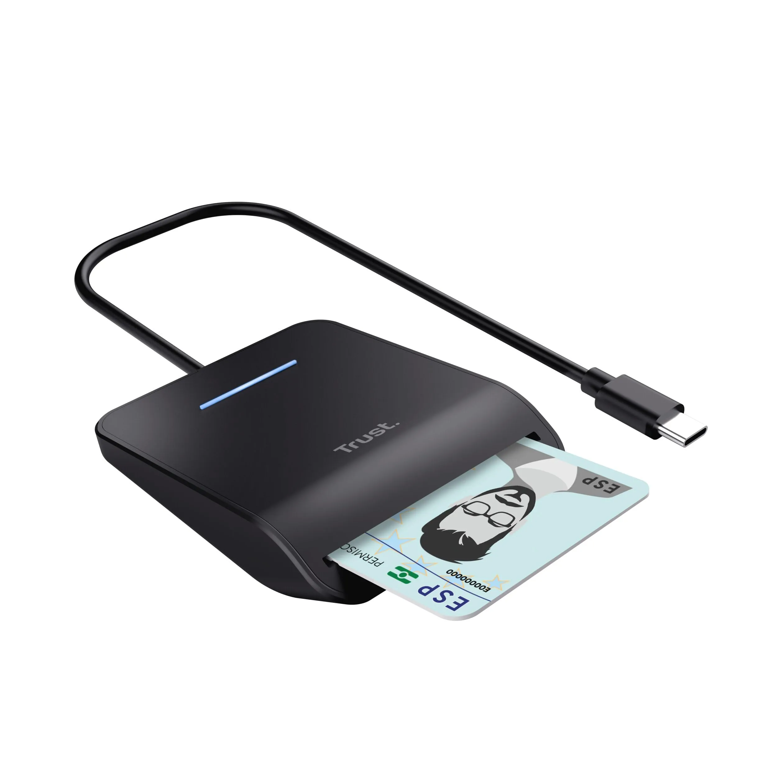 Trust Primo Lettore Smart Card USB-C DNI, Conforme con FIPS 201, FIPS TAA e ISO 7816 Classe A/B/C, Identificazione Personale, Lettore Carta Identita Elettronica, Cavo di 100 cm, Nero