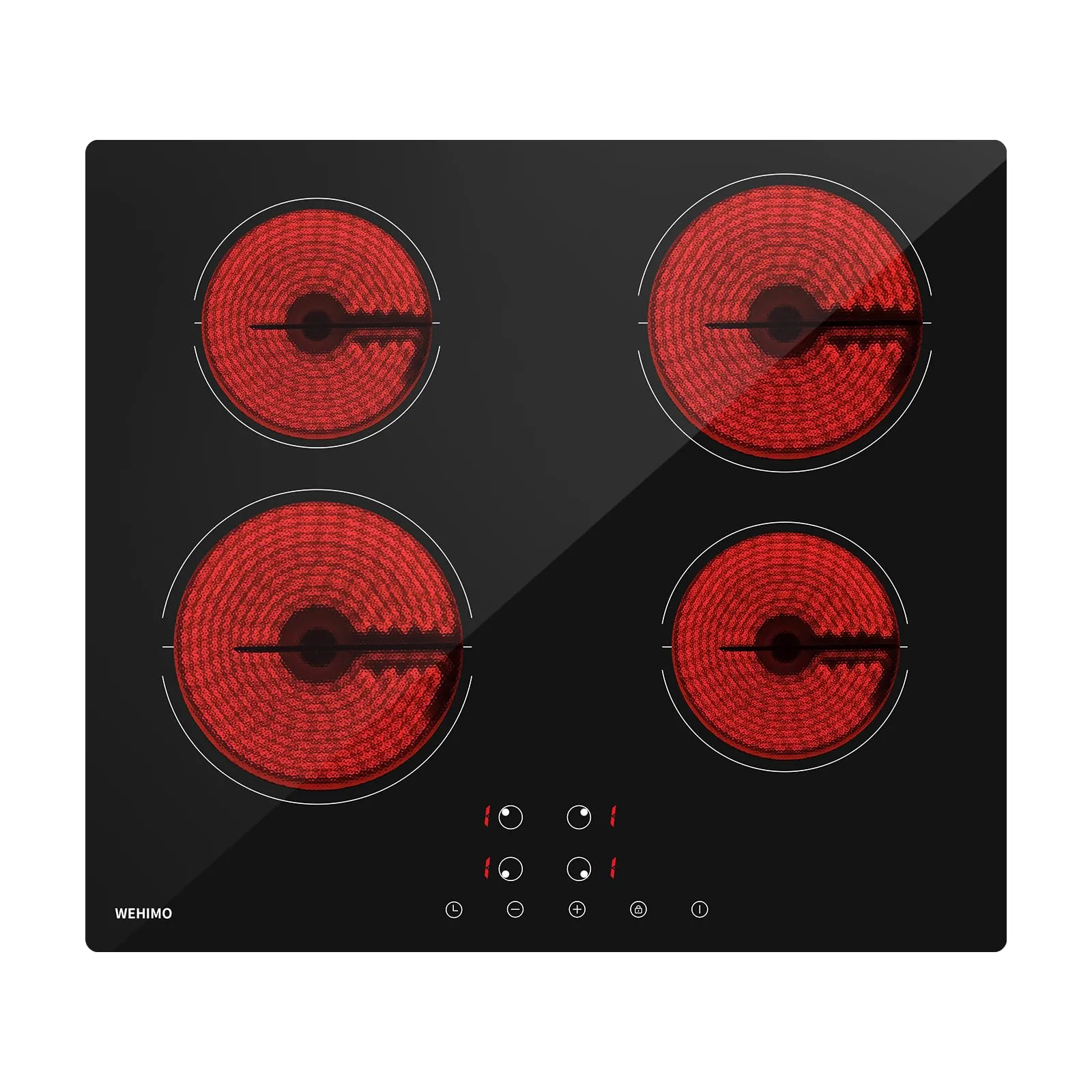 WEHIMO Piano Cottura in Vetroceramica 4 Fuochi, Piano Cottura Elettrico, 59cm, 6000W, 4 Zone di Cottura, 9 Livelli di Riscaldamento, Timer, Controllo Tocco, Sicurezza Bambini