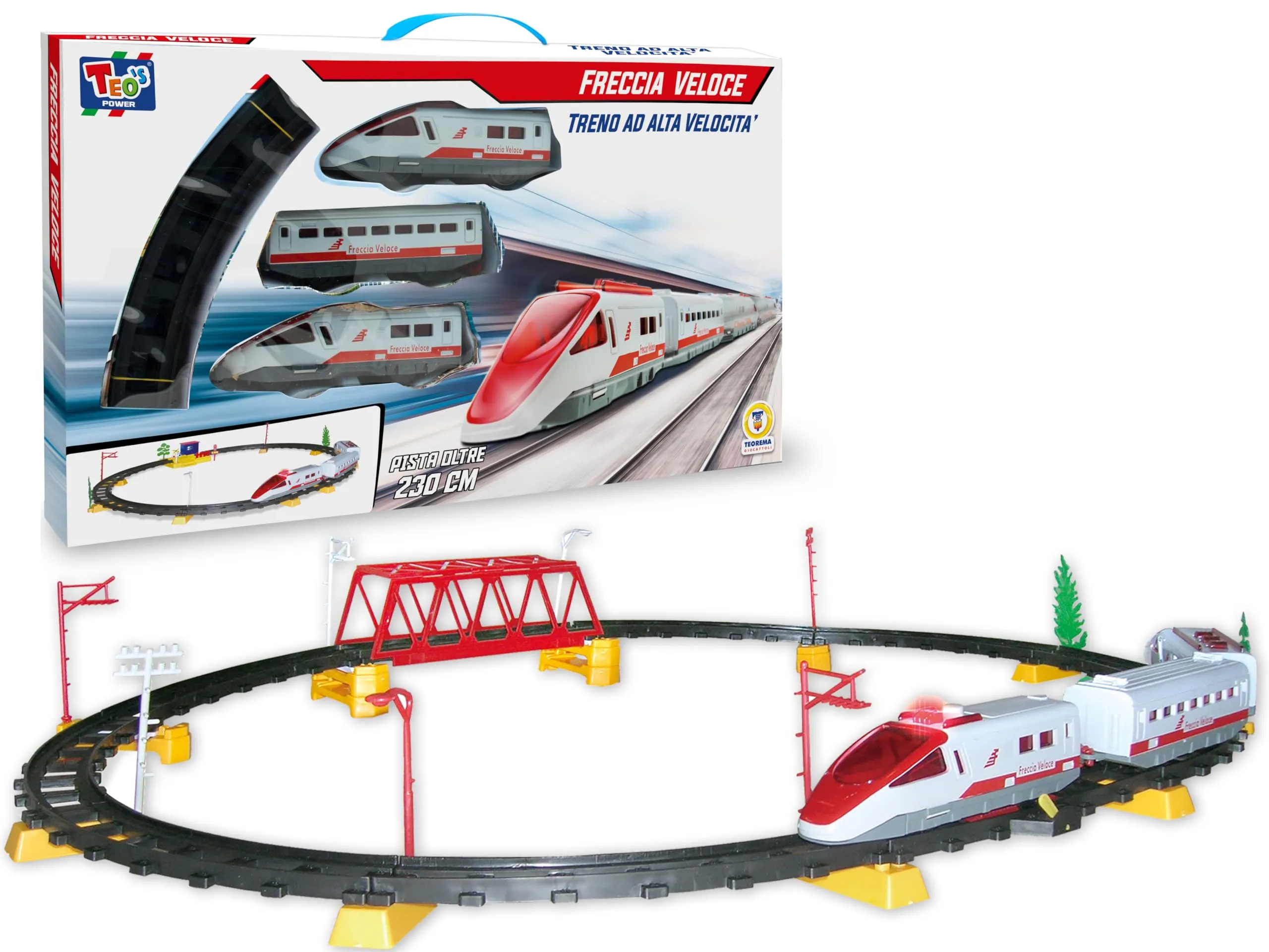 Teorema Giocattoli Freccia Veloce Pista Trenino Elettrico, Treno Giocattolo per Bambini con Luci, Circuito 230cm con Ponte e Accessori Realistici, Facile da Montare, Bianco/Rosso