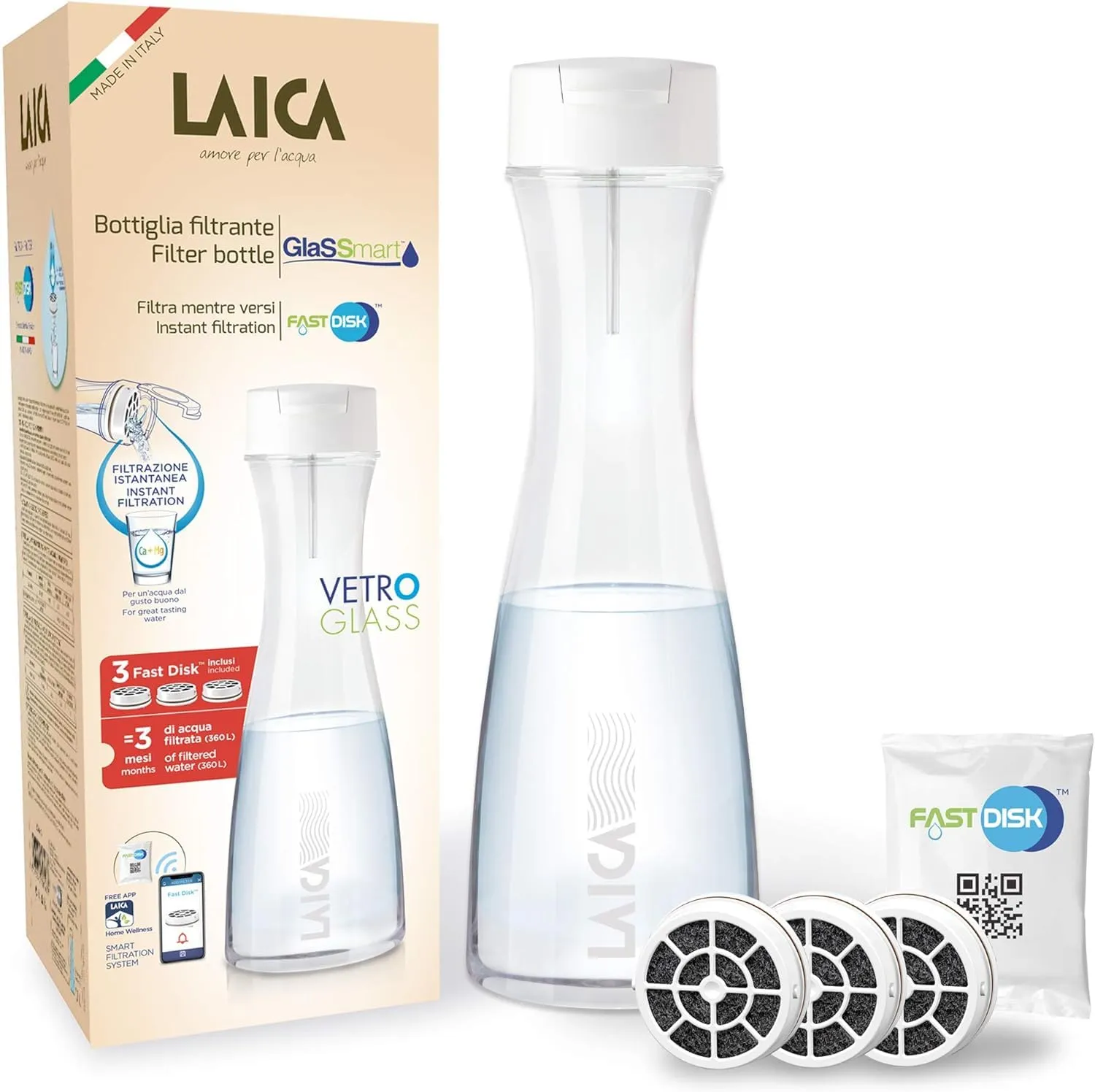 Laica Bk31A Bottiglia Filtrante In Vetro Glassmart, 3 Filtri Fast Disk Inclusi, 360 Litri Di Acqua Filtrata Istantaneamente, Bianco/Trasparente, ‎13.8 x 13.8 x 38.8 cm; 1.06 Kg