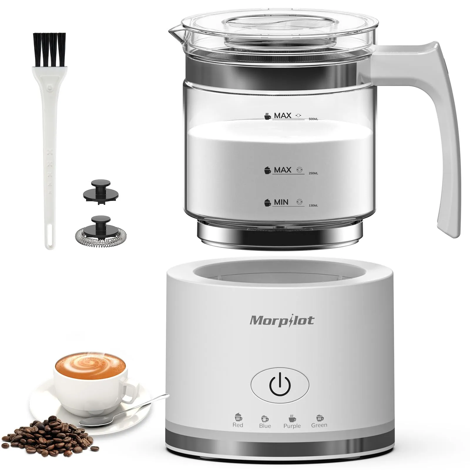 Milk Frother, Morpilot Montalatte Elettrico in Vetro, 4 in 1 Funzione, Bello da Vedere, Capacità 250ml Cappuccino o 500 ml Latte Caldo, Design Diviso, Bianco