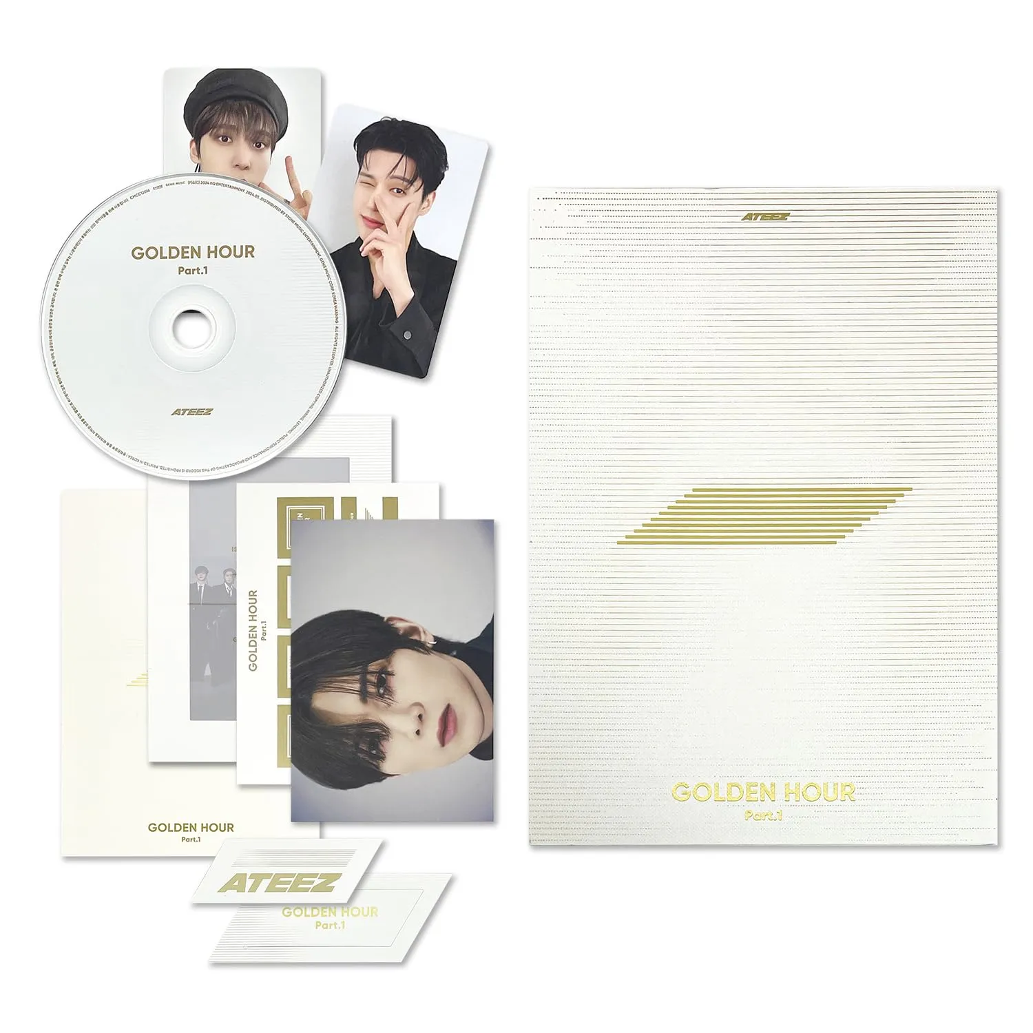 ATEEZ - [GOLDEN HOUR : Part.1] (DIARY Ver.) Invitation + Photo Frame + Postcard Set + Envelope + Photobook + Postcard + Photocard + Sticker + Bookmark + Disc + 2 Pin Badges + 4 Extra Photocards