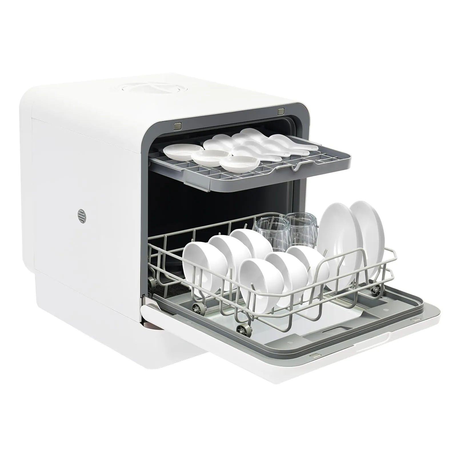 Lavastoviglie Portatile, Lavastoviglie Compatta da Tavolo con Asciugatura ad Aria Calda, Capacità da 6L, Lavaggio a 360° Superiore e Inferiore, 4 Programmi, Controllo Touch, Display a LED, Bianca