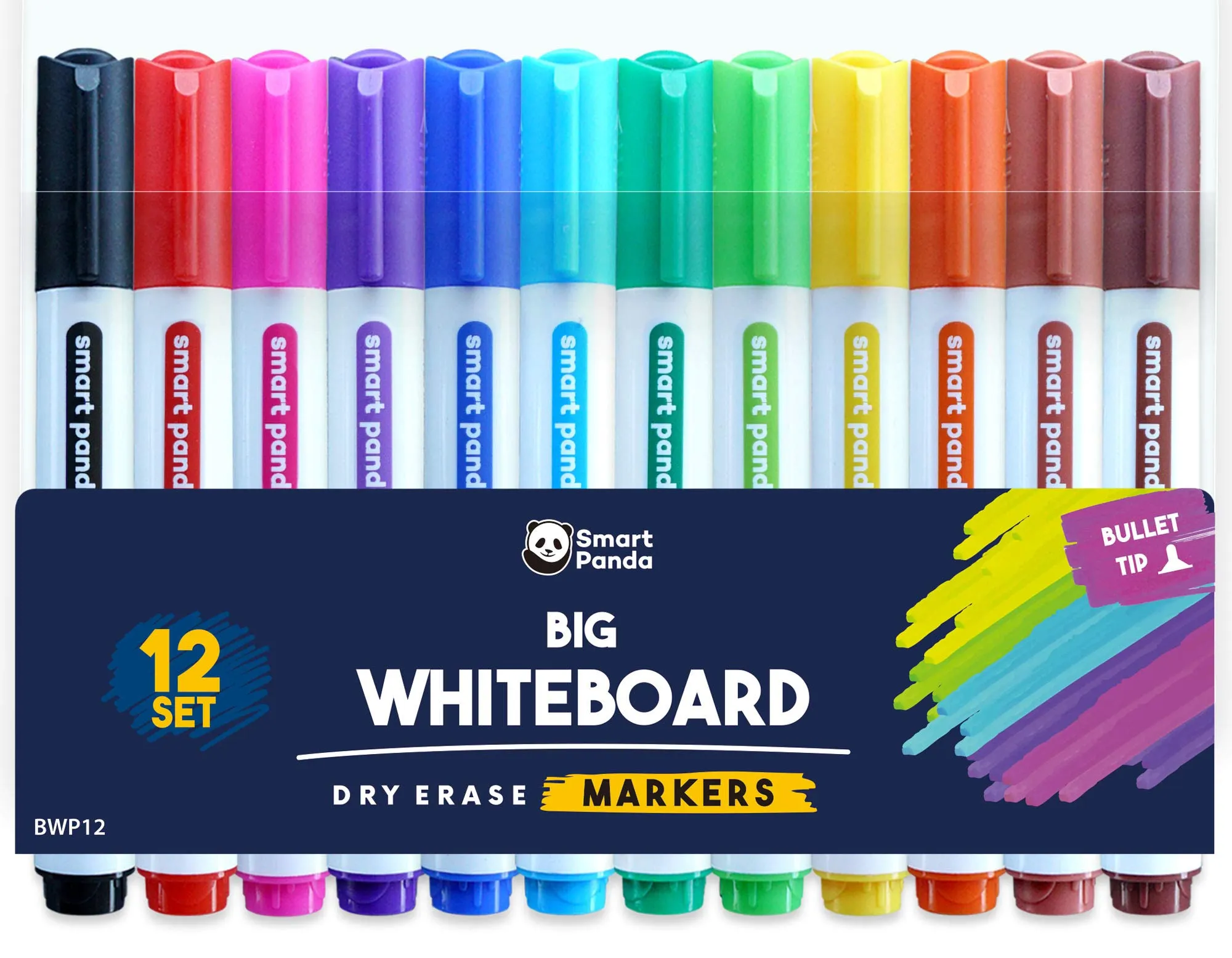 Smart Panda 12 Pennarelli per Lavagnette – Punta a Proiettile, Subito Asciutti, Marcatore Cancellabile – Set Composto da 12 Colori Assortiti